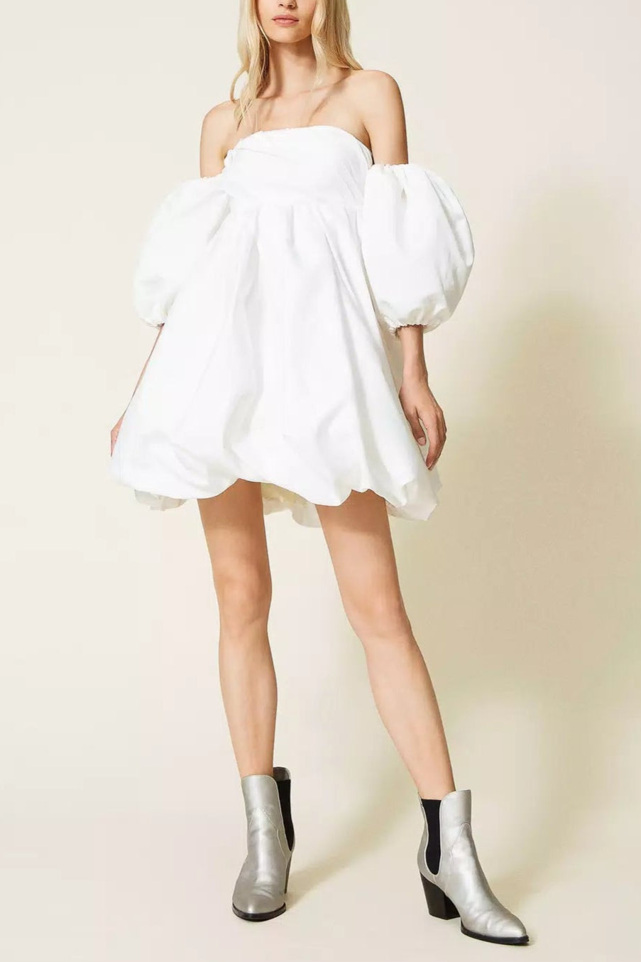 Flowering Girl Women Puff Sleeve Duchesse Mini Dress In White