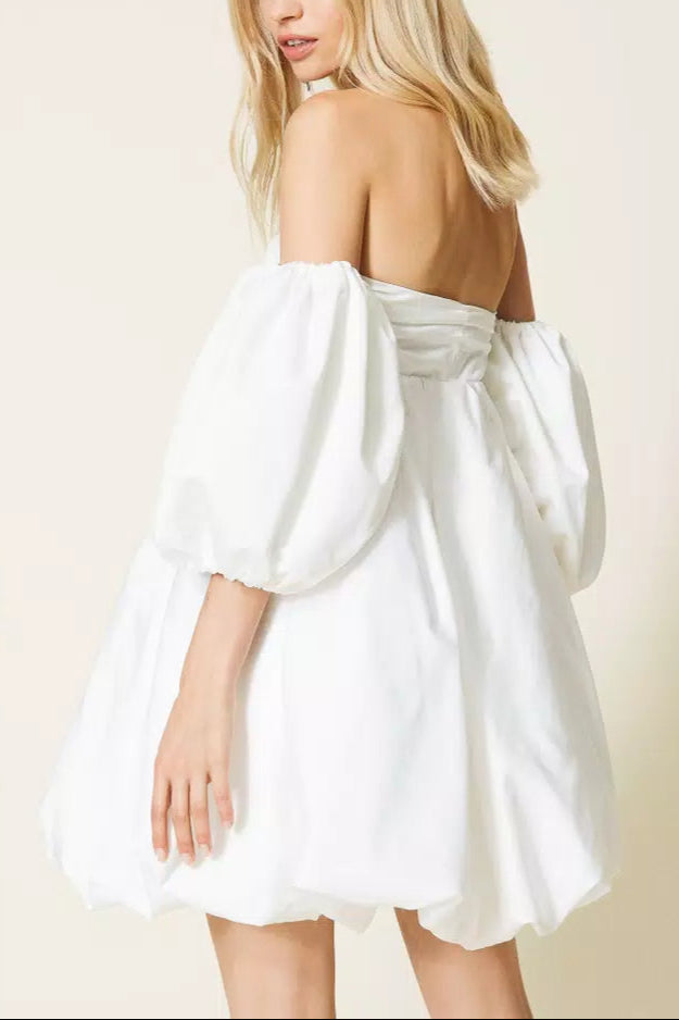 Flowering Girl Women Puff Sleeve Duchesse Mini Dress In White