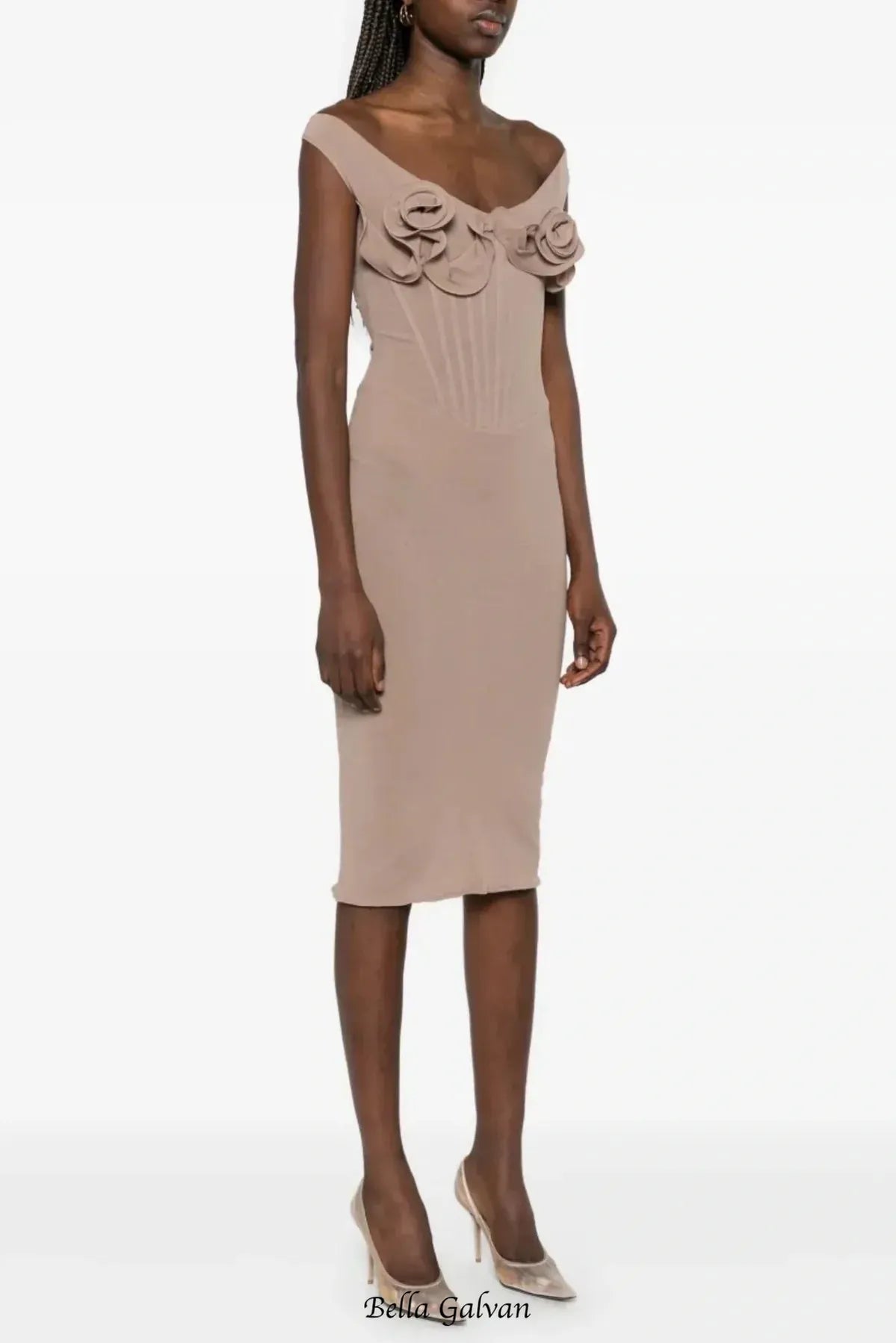 Dinella Floral Appliqué Corset Midi Dress in Grey