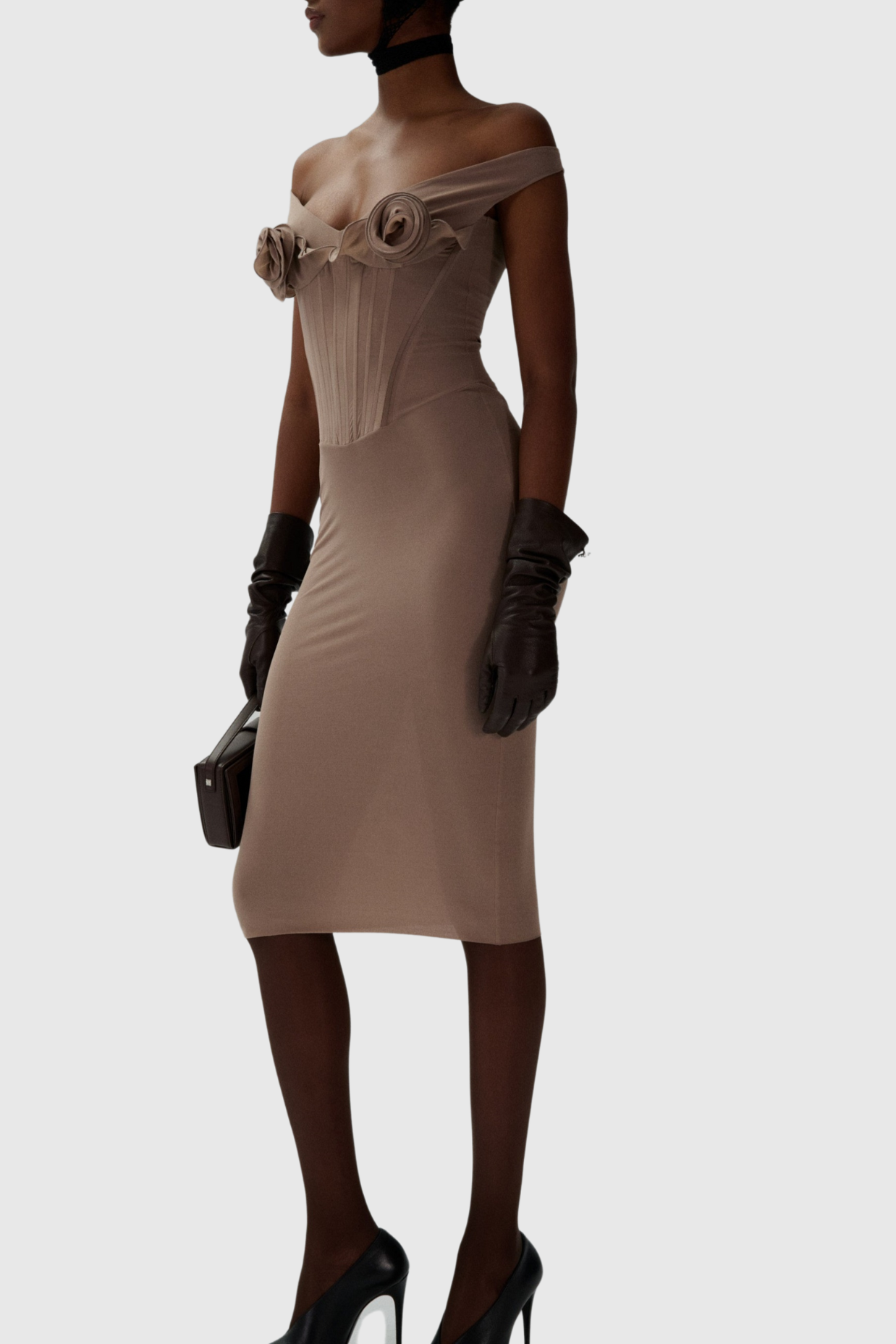 Dinella Floral Appliqué Corset Midi Dress in Grey