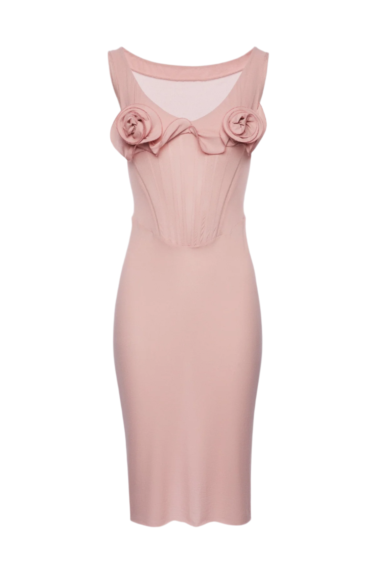 Dinella Floral Appliqué Corset Midi Dress in Pink