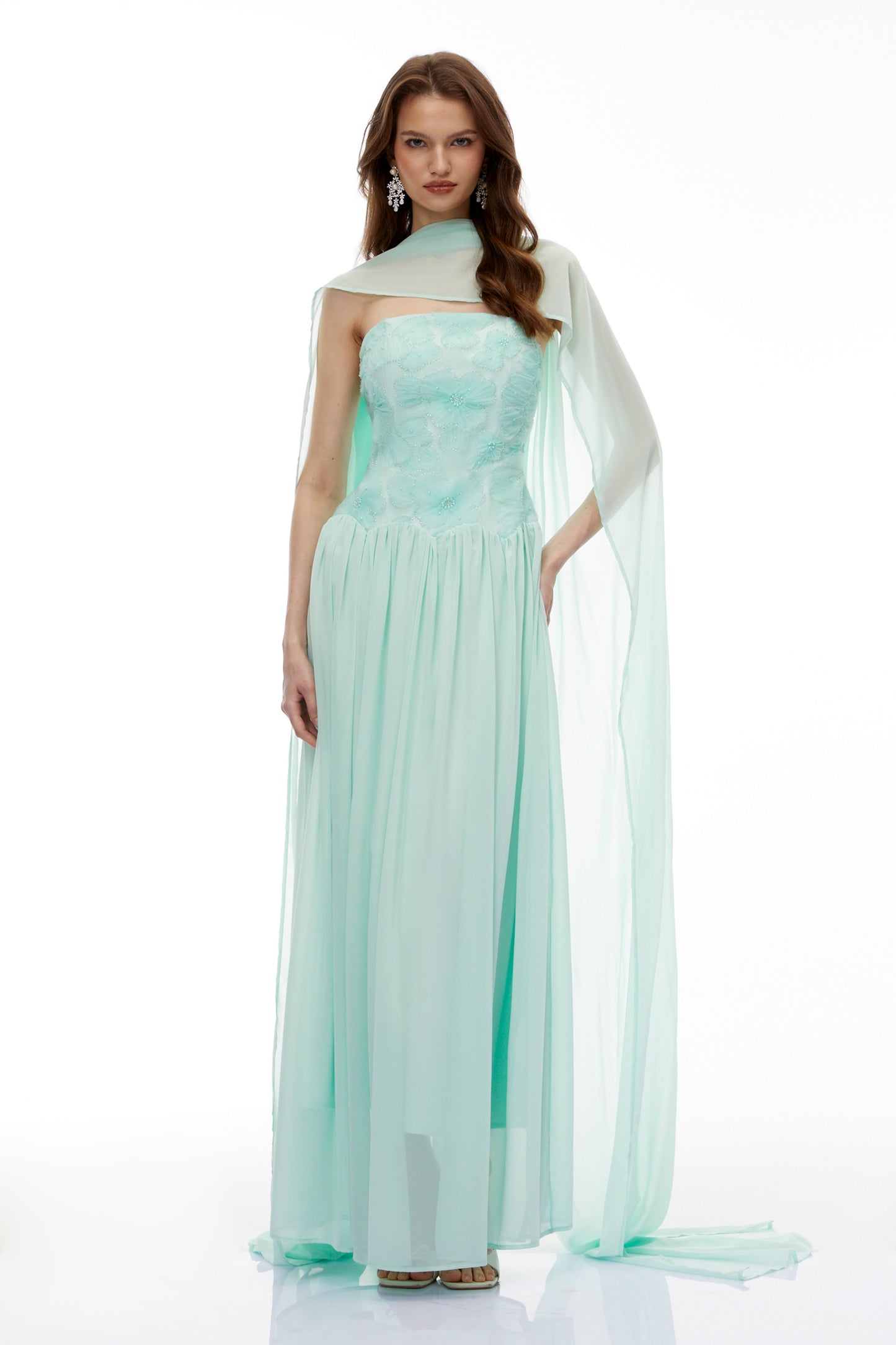 rebecca Green Floral Embroidered Pleated Maxi Dress