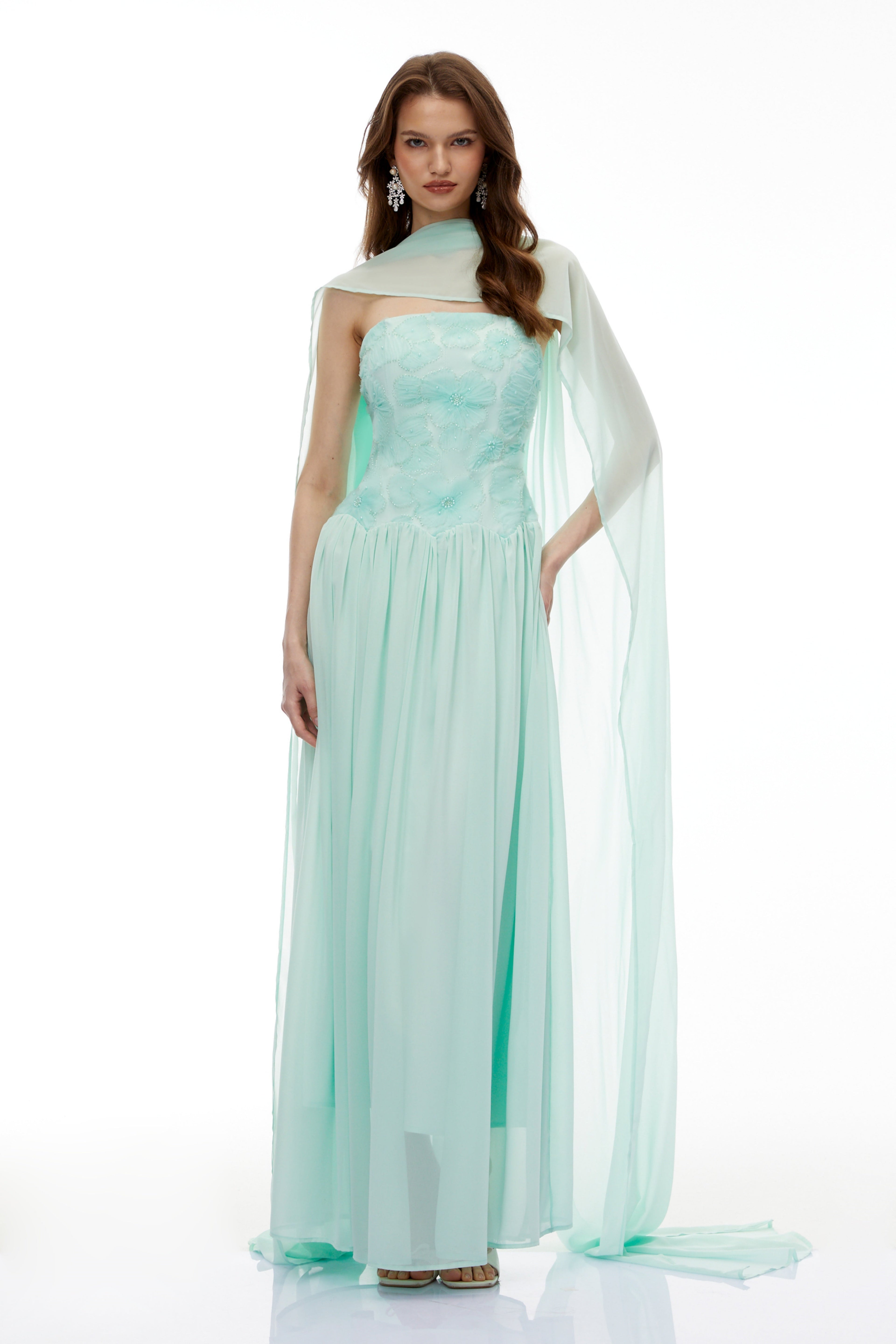 rebecca Green Floral Embroidered Pleated Maxi Dress