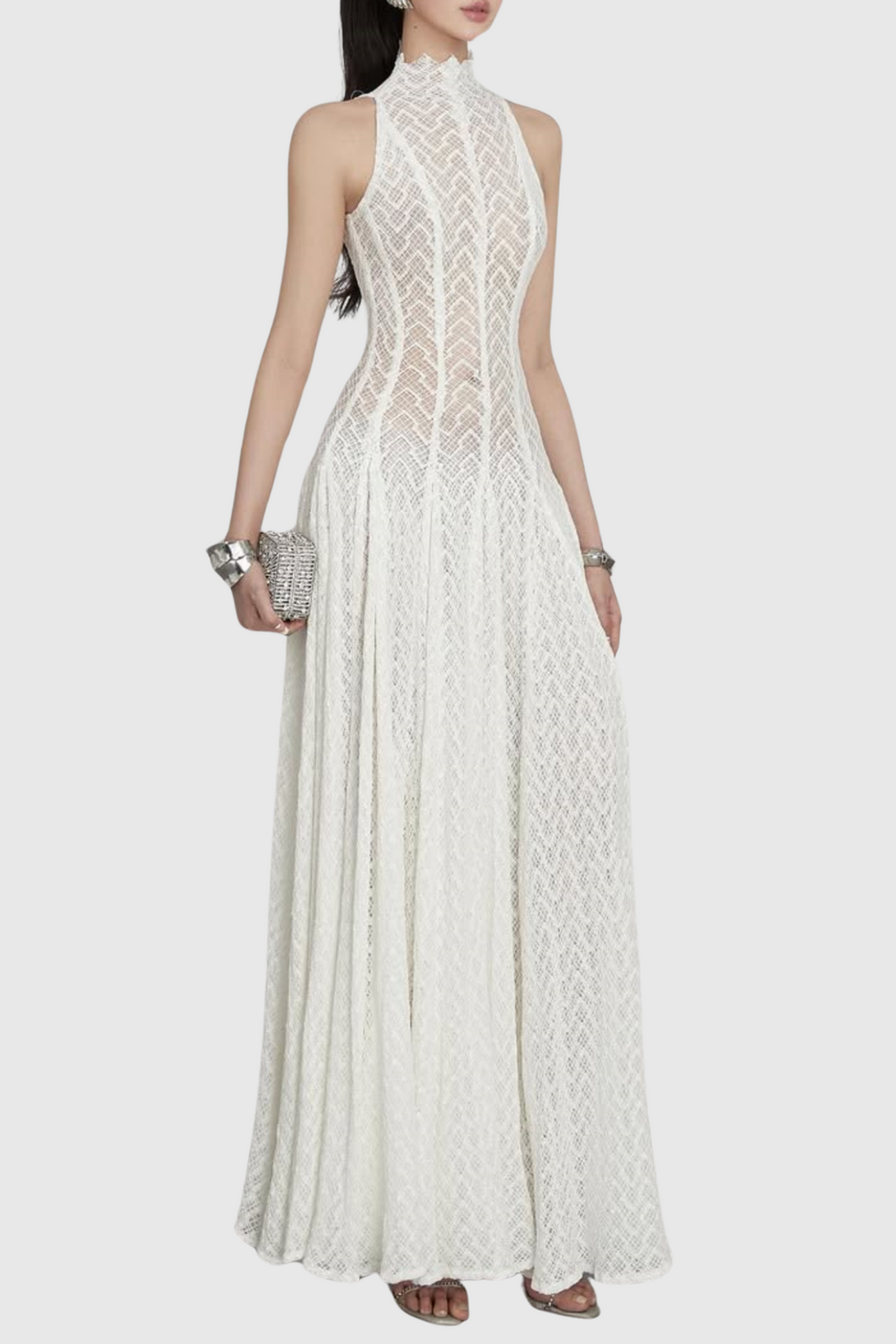 Flowering Girl Women Dodiya Wavy-Pattern Sleeveless Lace Maxi Dress