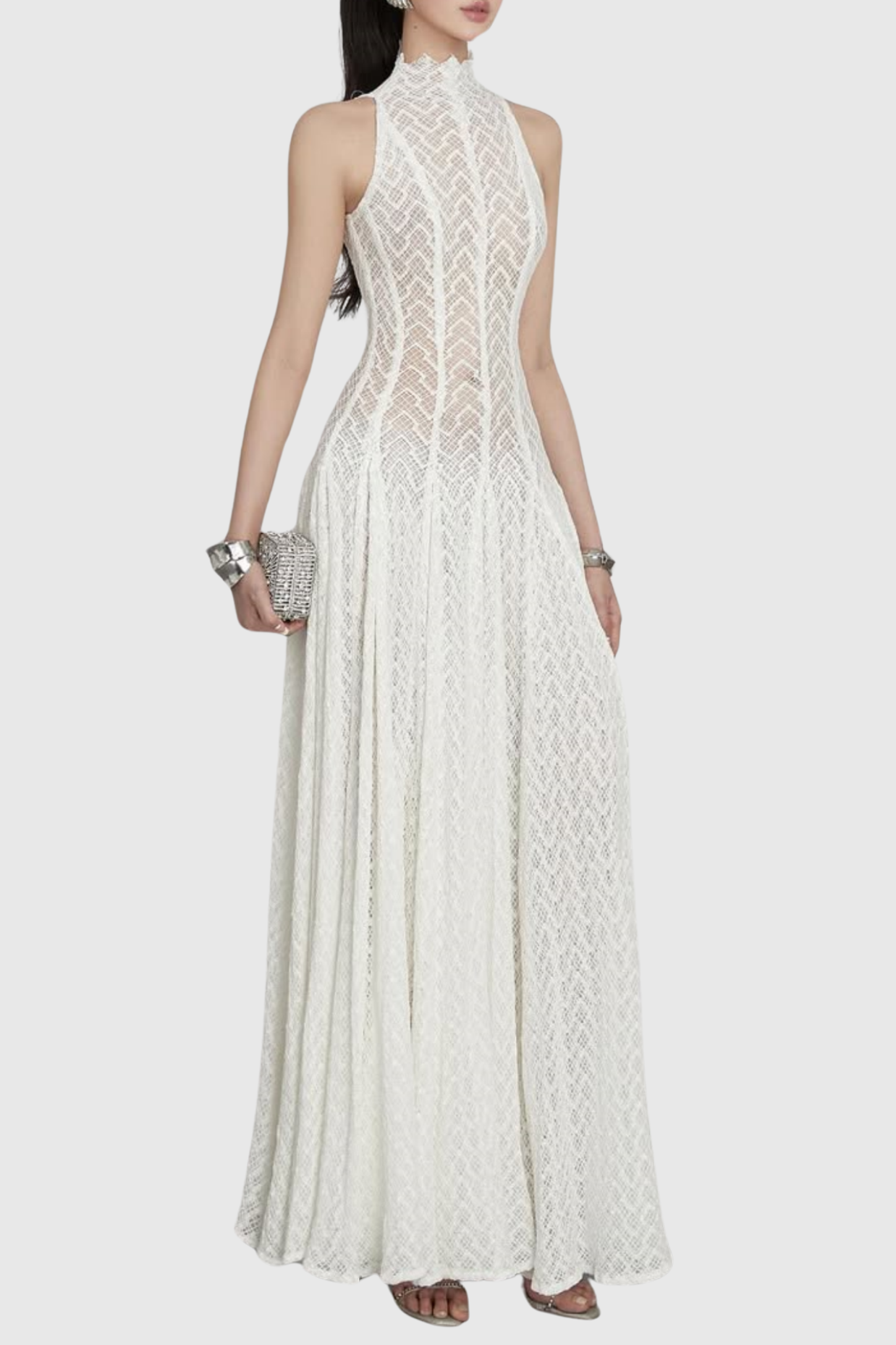 Flowering Girl Women Dodiya Wavy-Pattern Sleeveless Lace Maxi Dress