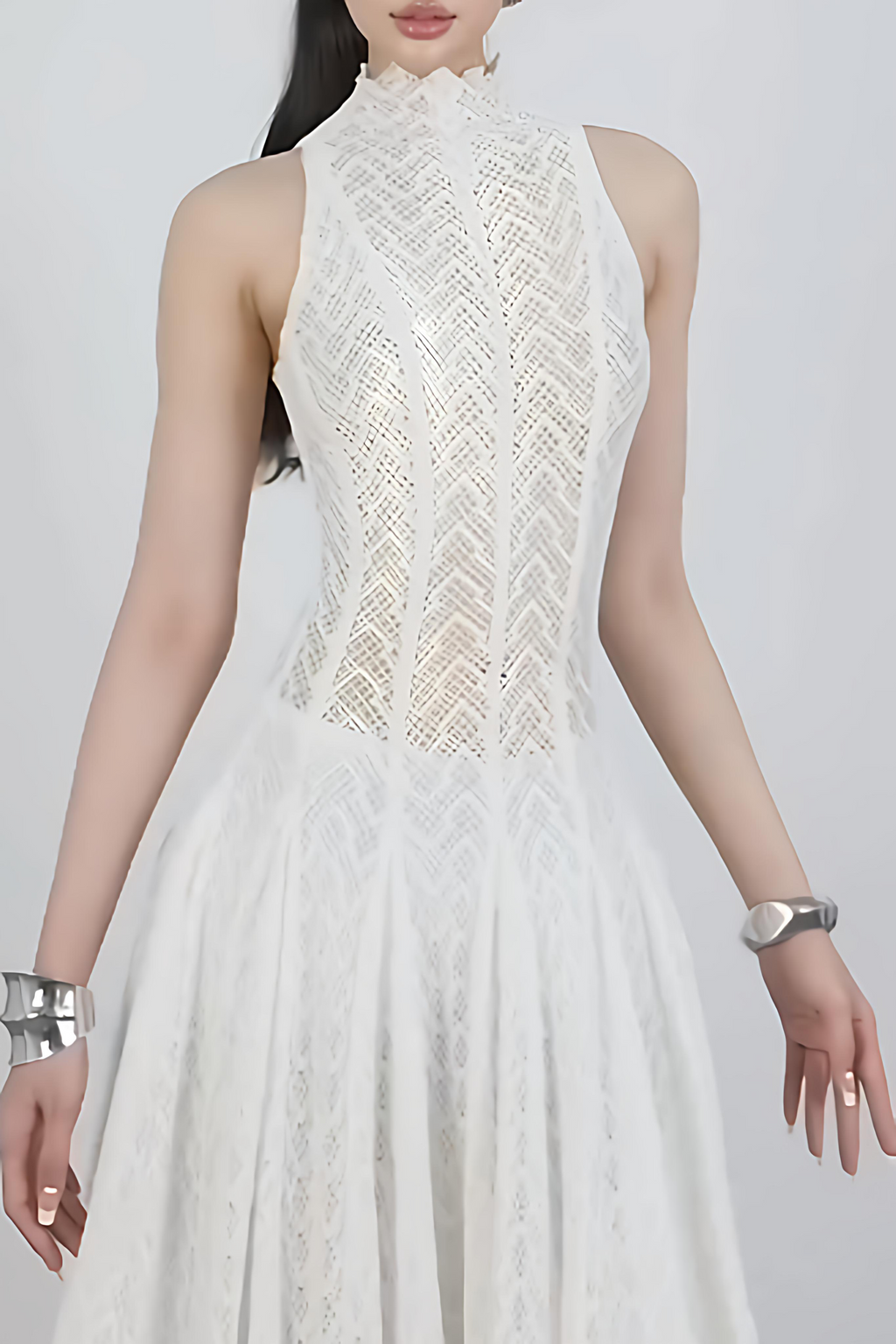 Flowering Girl Women Dodiya Wavy-Pattern Sleeveless Lace Maxi Dress