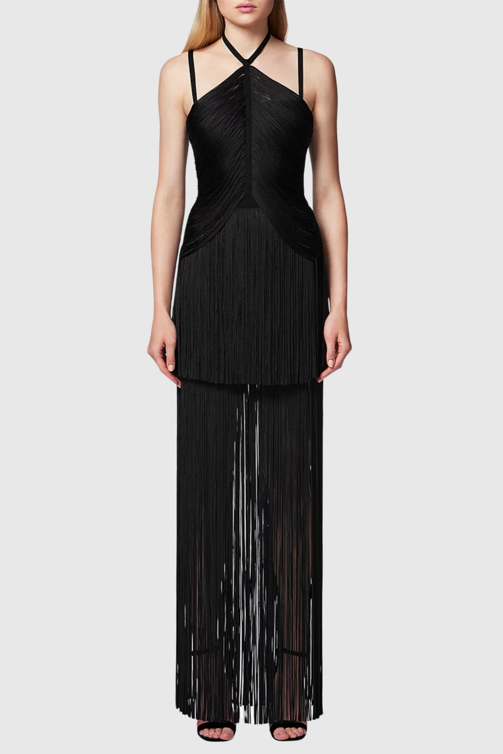 Flowering Girl Women Doly Halter Fringed Maxi Bandage Dress - Black