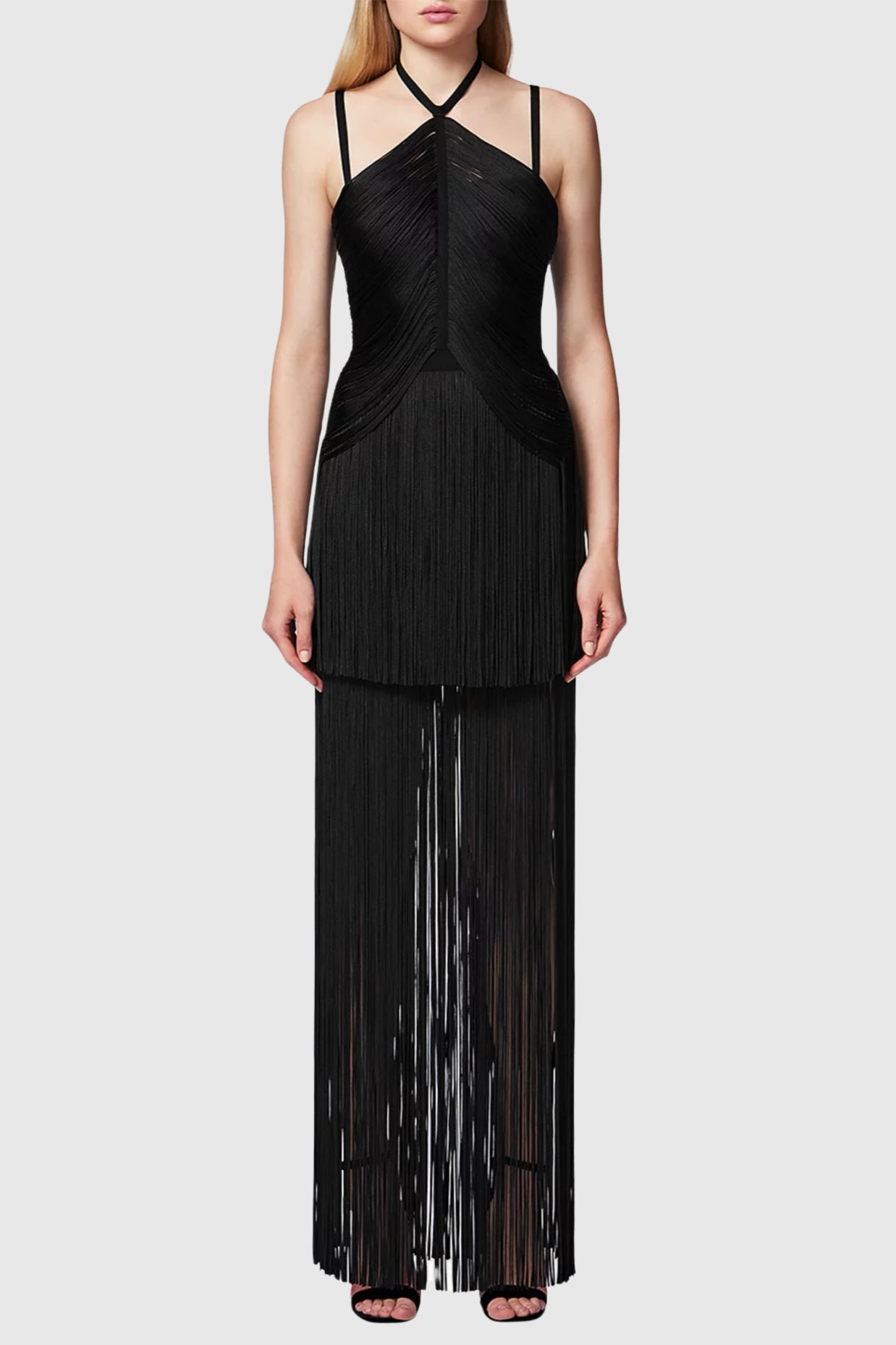Flowering Girl Women Doly Halter Fringed Maxi Bandage Dress - Black