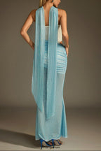 maggie off-shoulder Rhinestone Scarf Mesh Maxi Dress