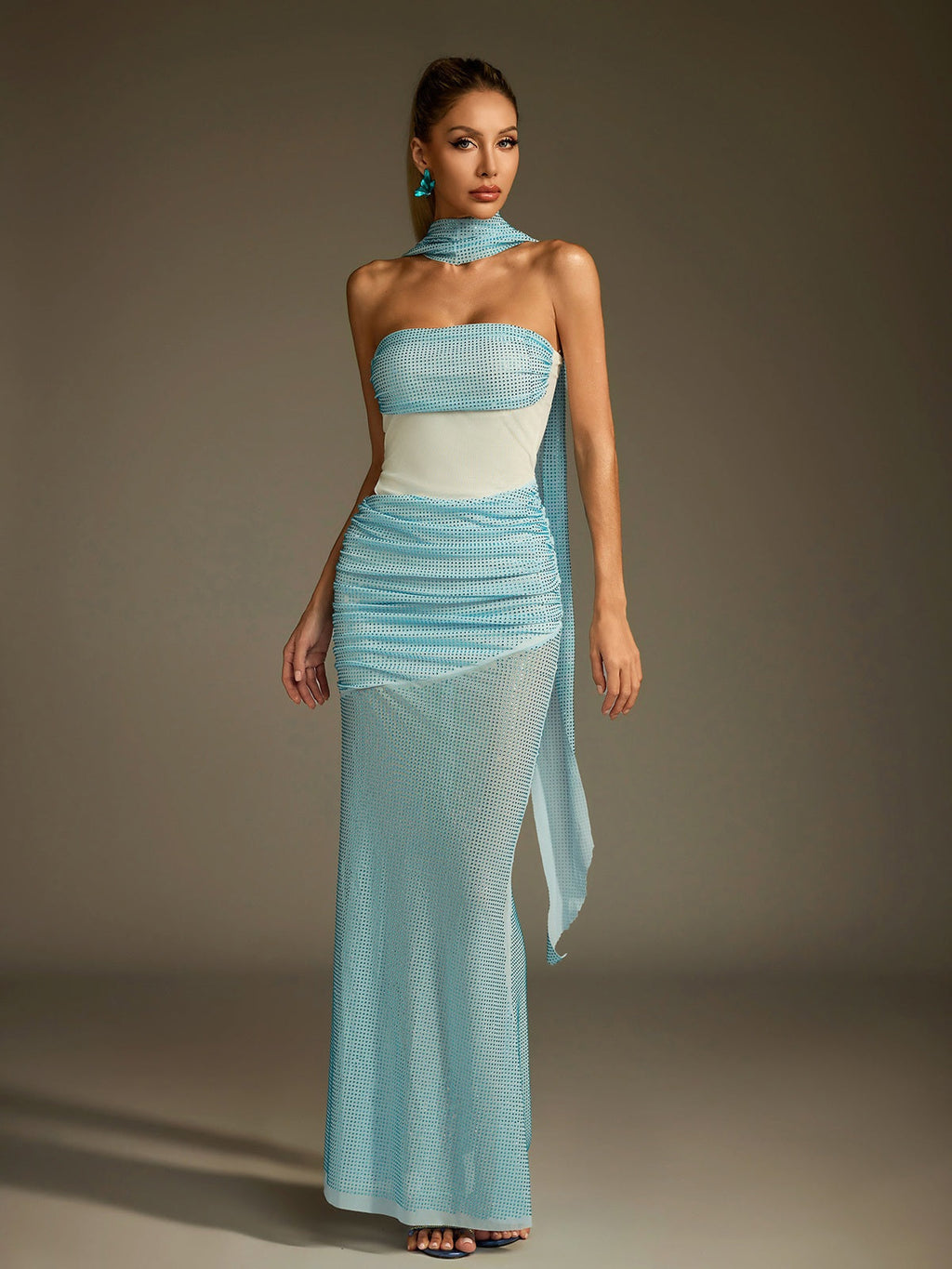 maggie off-shoulder Rhinestone Scarf Mesh Maxi Dress