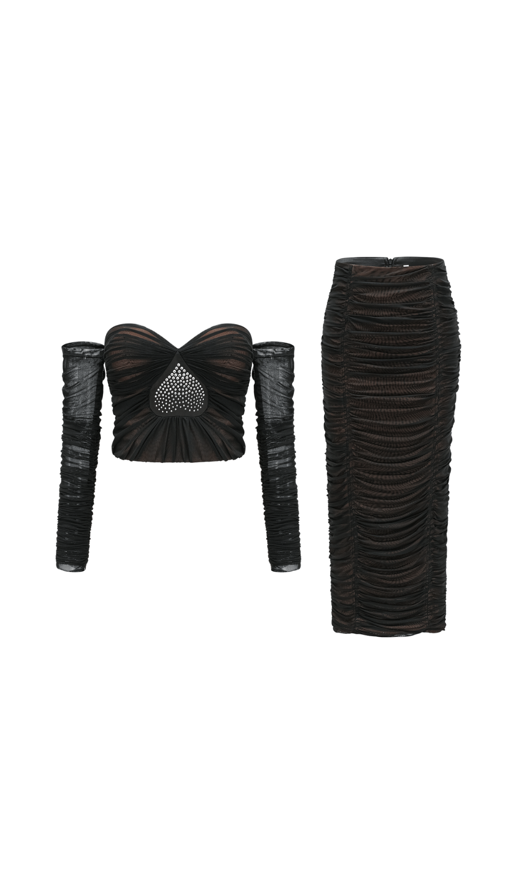 Flowering Girl Women Gwenonwy black ruched mesh top & skirt matching set