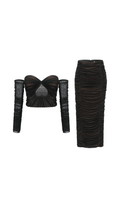 Flowering Girl Women Gwenonwy black ruched mesh top & skirt matching set