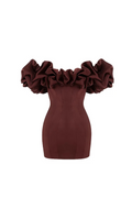 burgundy satin ruffle strapless mini dress