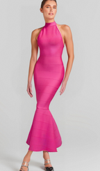 Flowering Girl Women HALTER MAXI BANDAGE FISHTAIL DRESS IN PINK