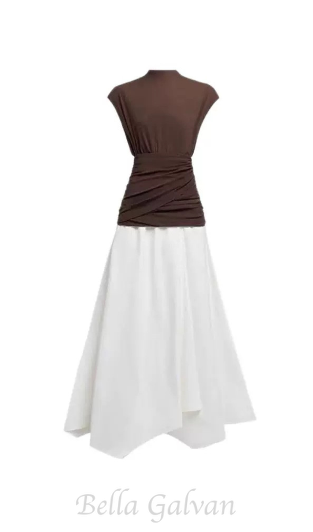 Flowering Girl Women brown Waist cross pleats midi dress with asymmetric hemline