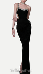 Flowering Girl Women black one-shoulder diamonds bandage maxi dress
