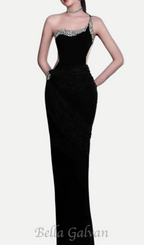 Flowering Girl Women black one-shoulder diamonds bandage maxi dress