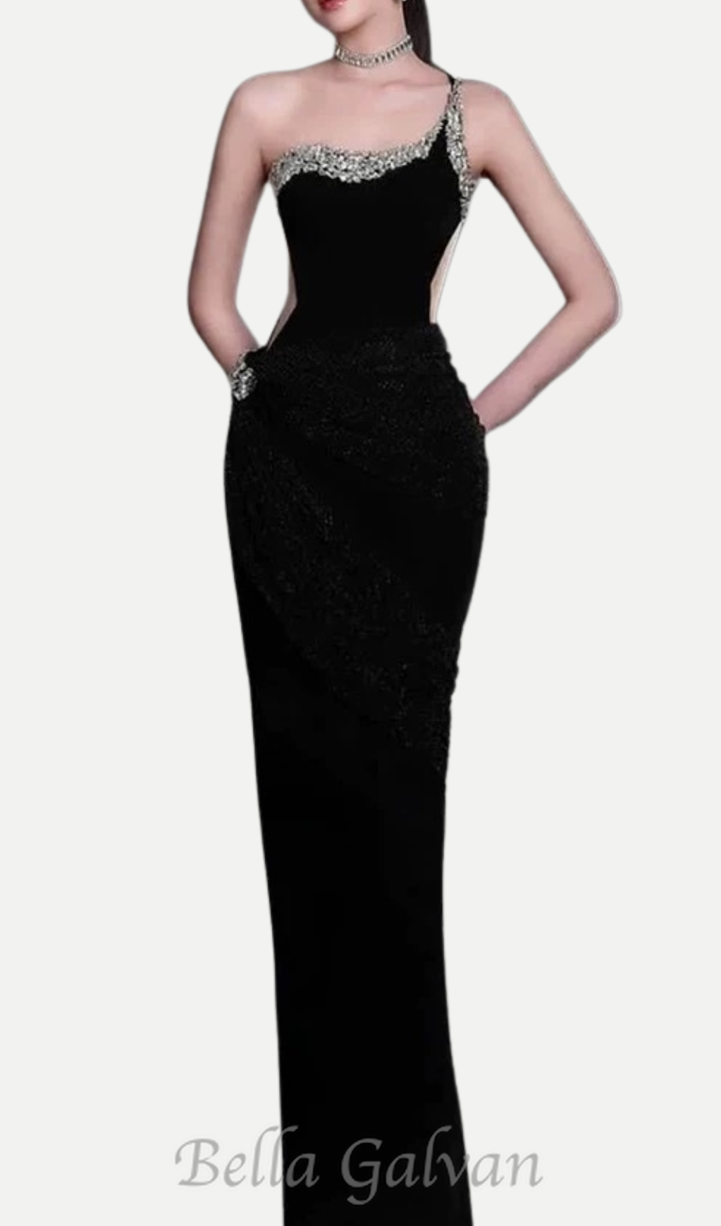 Flowering Girl Women black one-shoulder diamonds bandage maxi dress