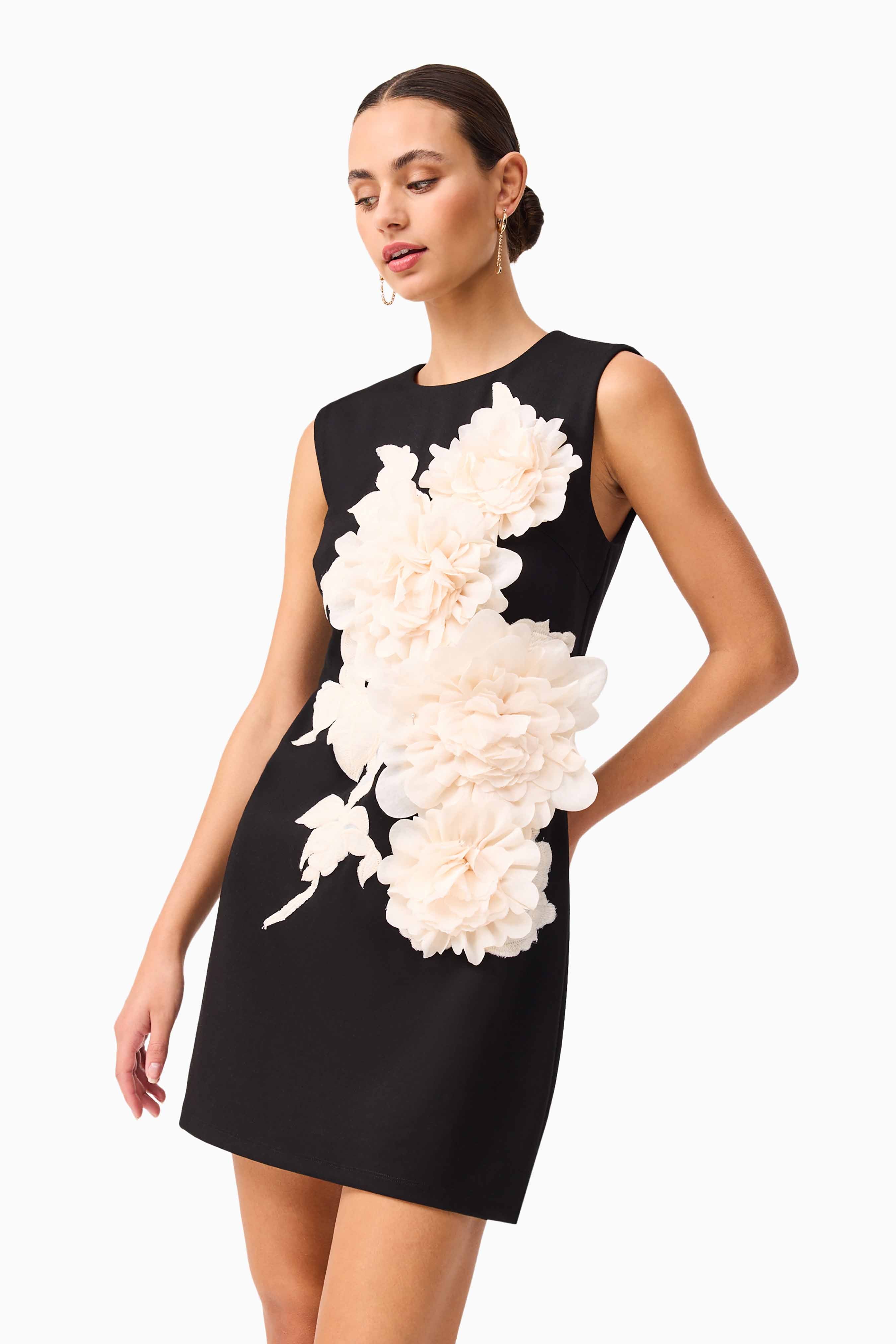 mandy 3d flower embellished Mini Dress in Black