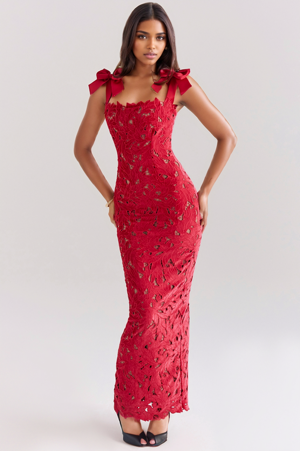 Flowering Girl Women hermosa Bow Strap Embroidered Lace Maxi Dress in red