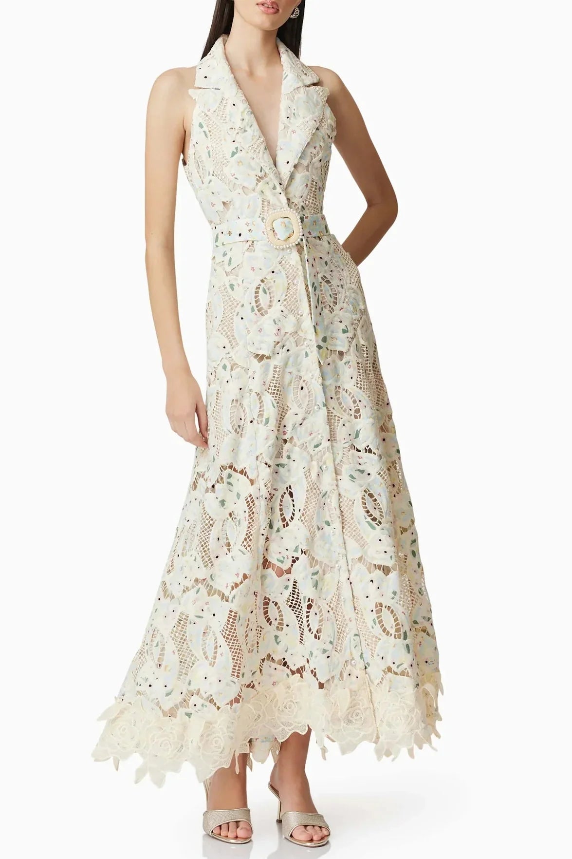 Lisa v-Neck Floral Embroidery Hollow Maxi Dress In Beige
