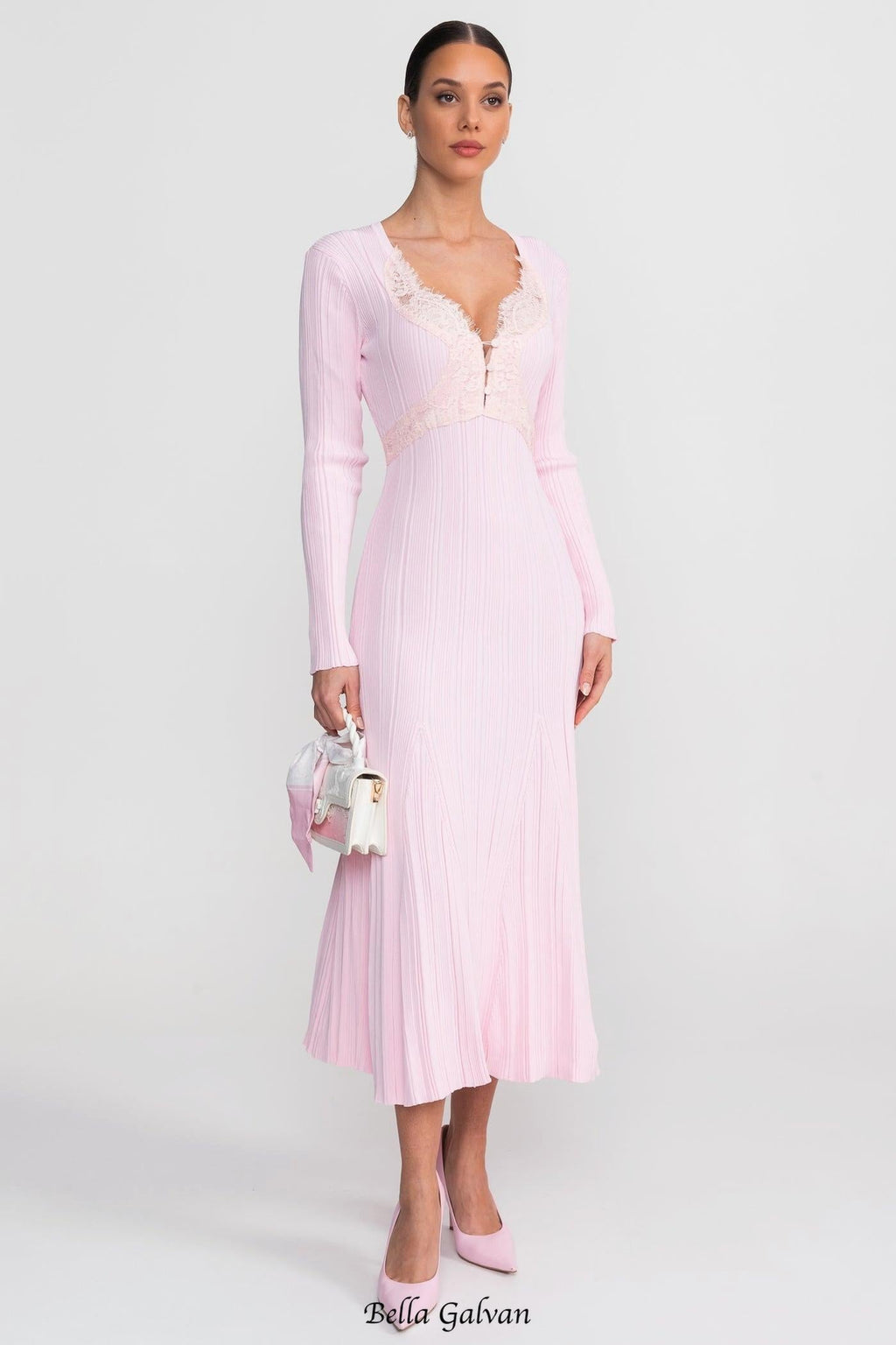 apphia Pink Contrast Lace Knit Midi Dress