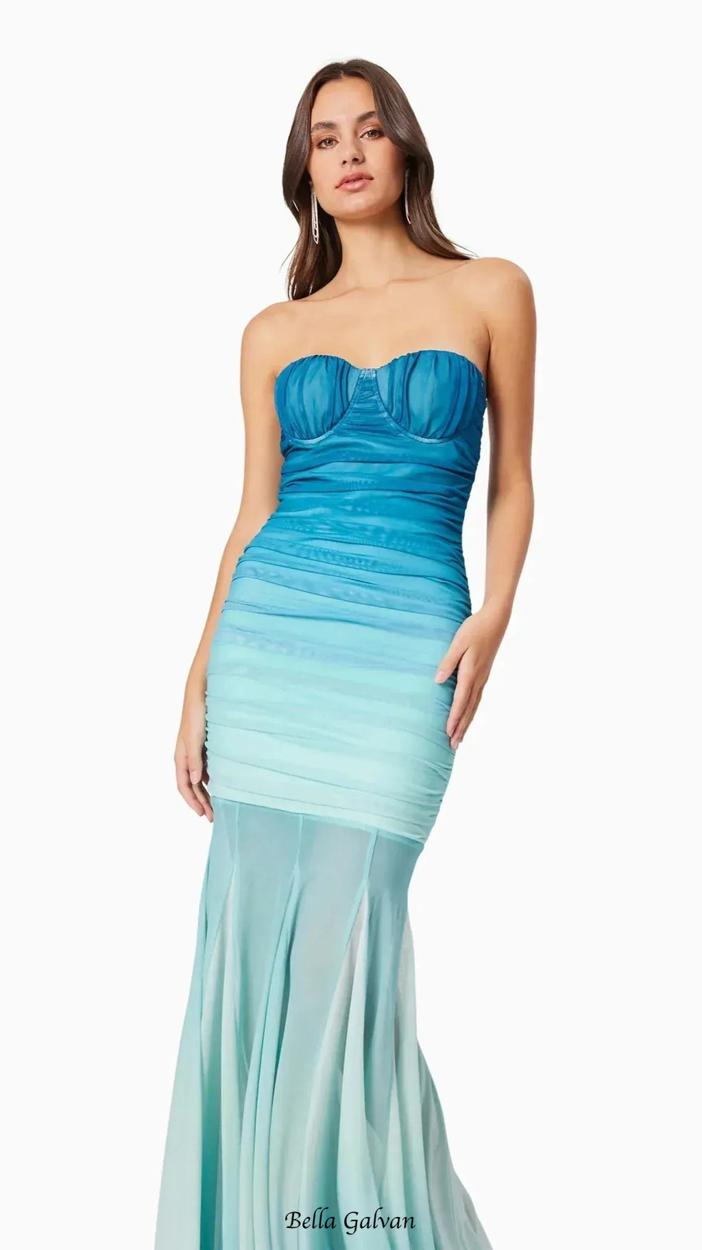 Gradient Mesh Splicing Bodycon Strapless Maxi Dress In Blue