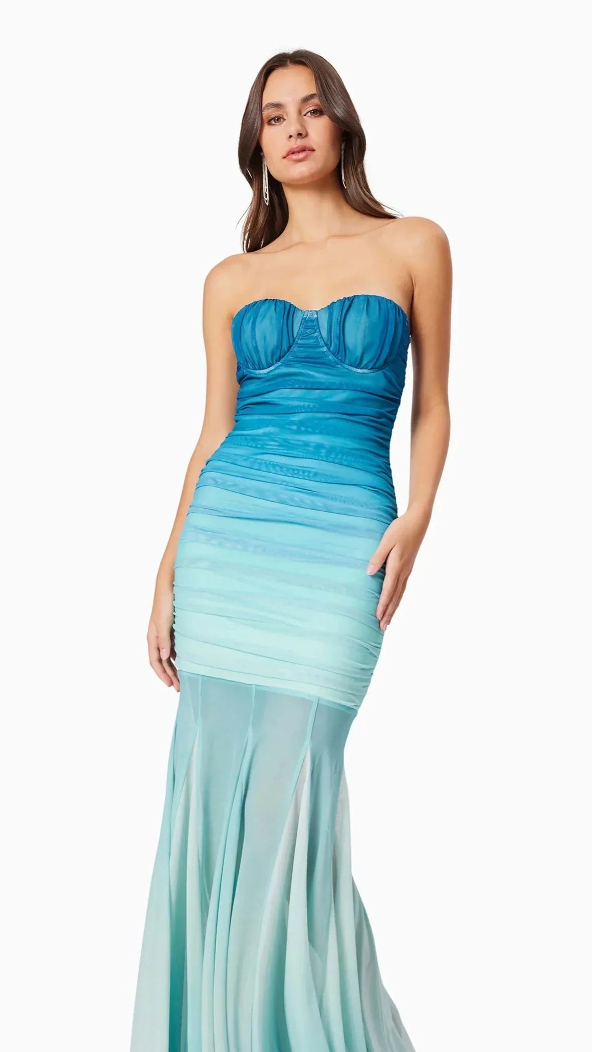 Flowering Girl Women Gradient Mesh Splicing Bodycon Strapless Maxi Dress In Blue