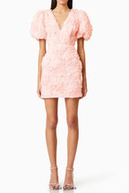 v-neck flower embellished puff Mini Dress in Ballet Pink
