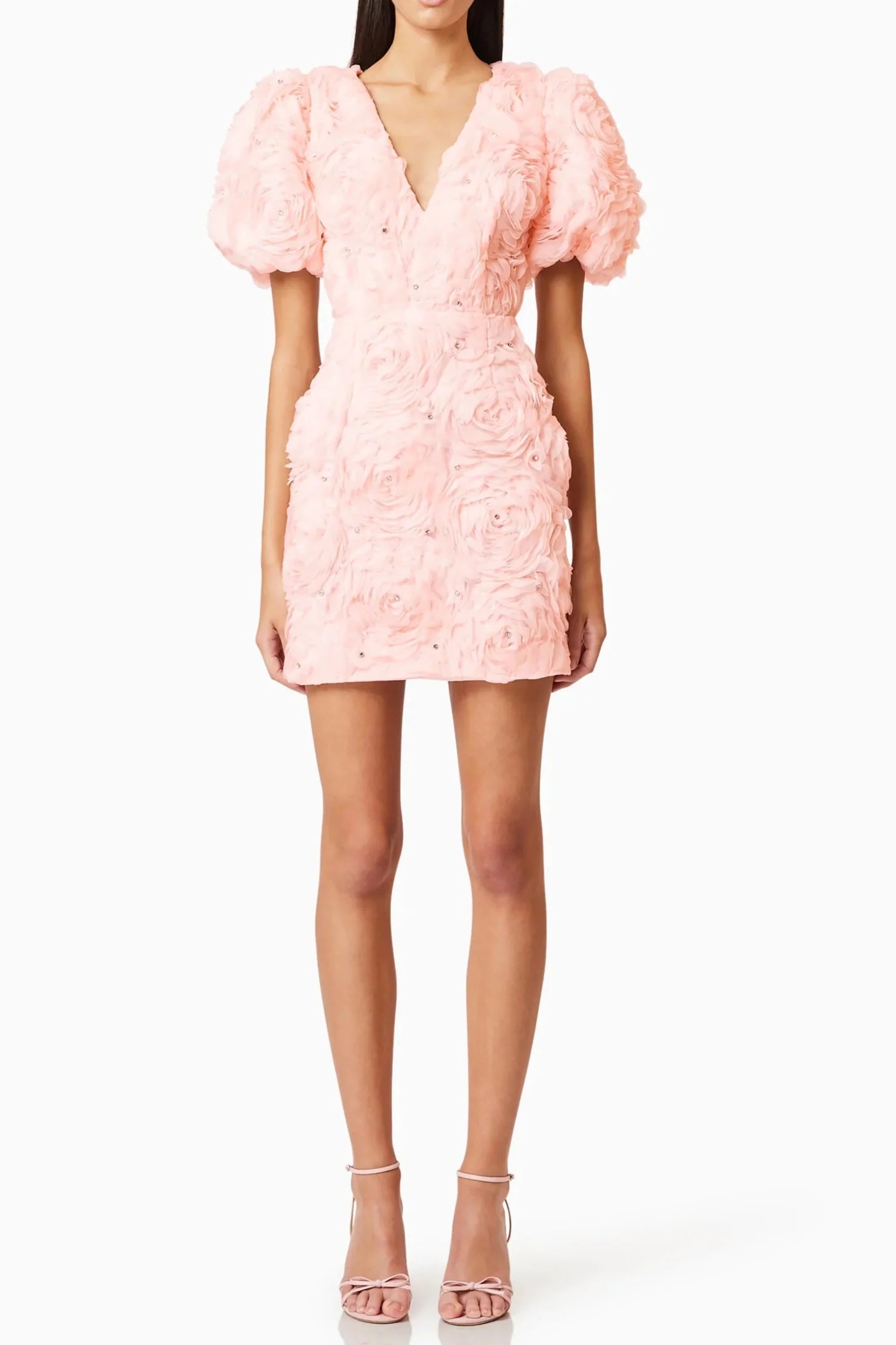 Flowering Girl Women v-Neck Flower Embellished Puff Mini Dress In Ballet Pink