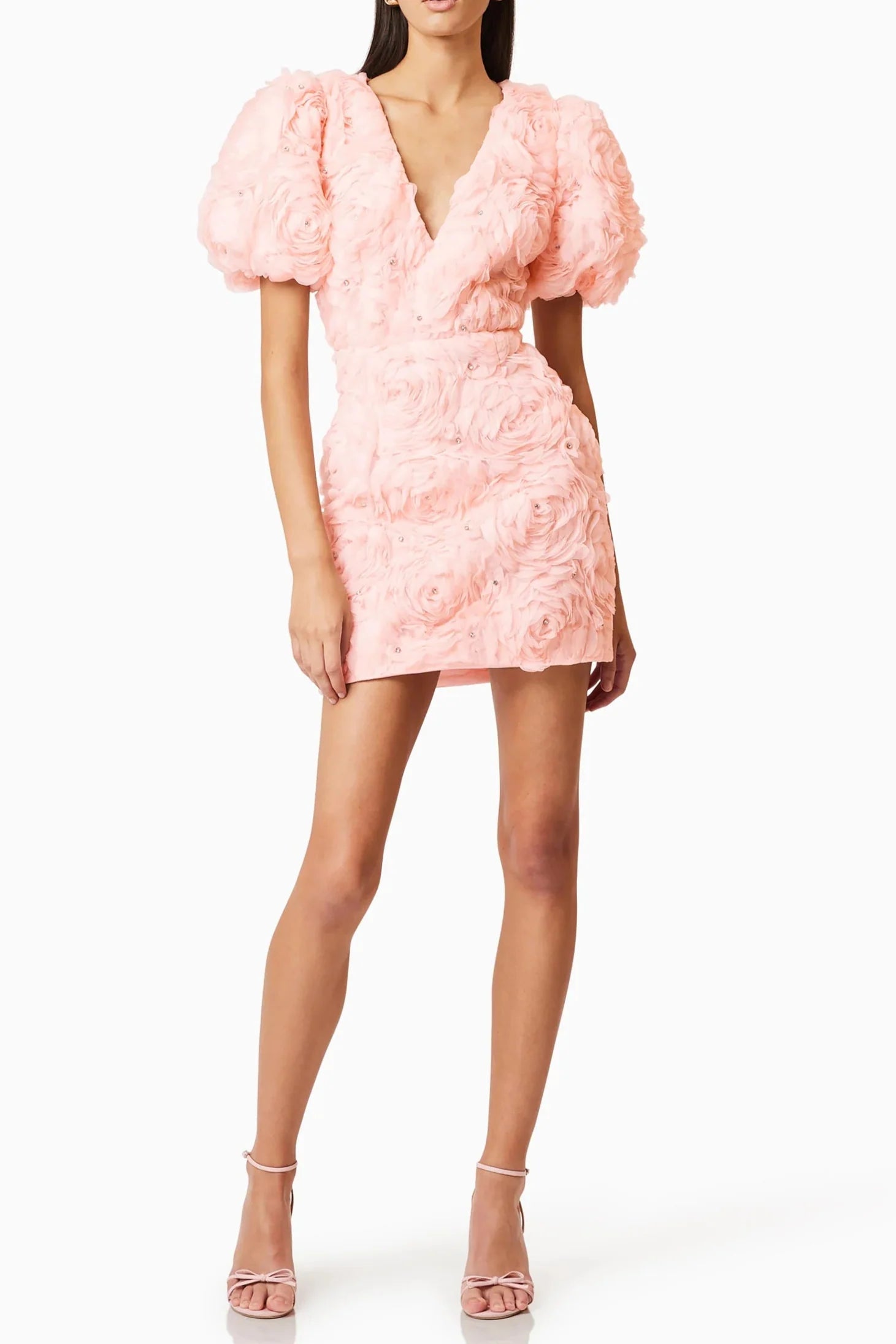Flowering Girl Women v-Neck Flower Embellished Puff Mini Dress In Ballet Pink