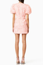 v-neck flower embellished puff Mini Dress in Ballet Pink
