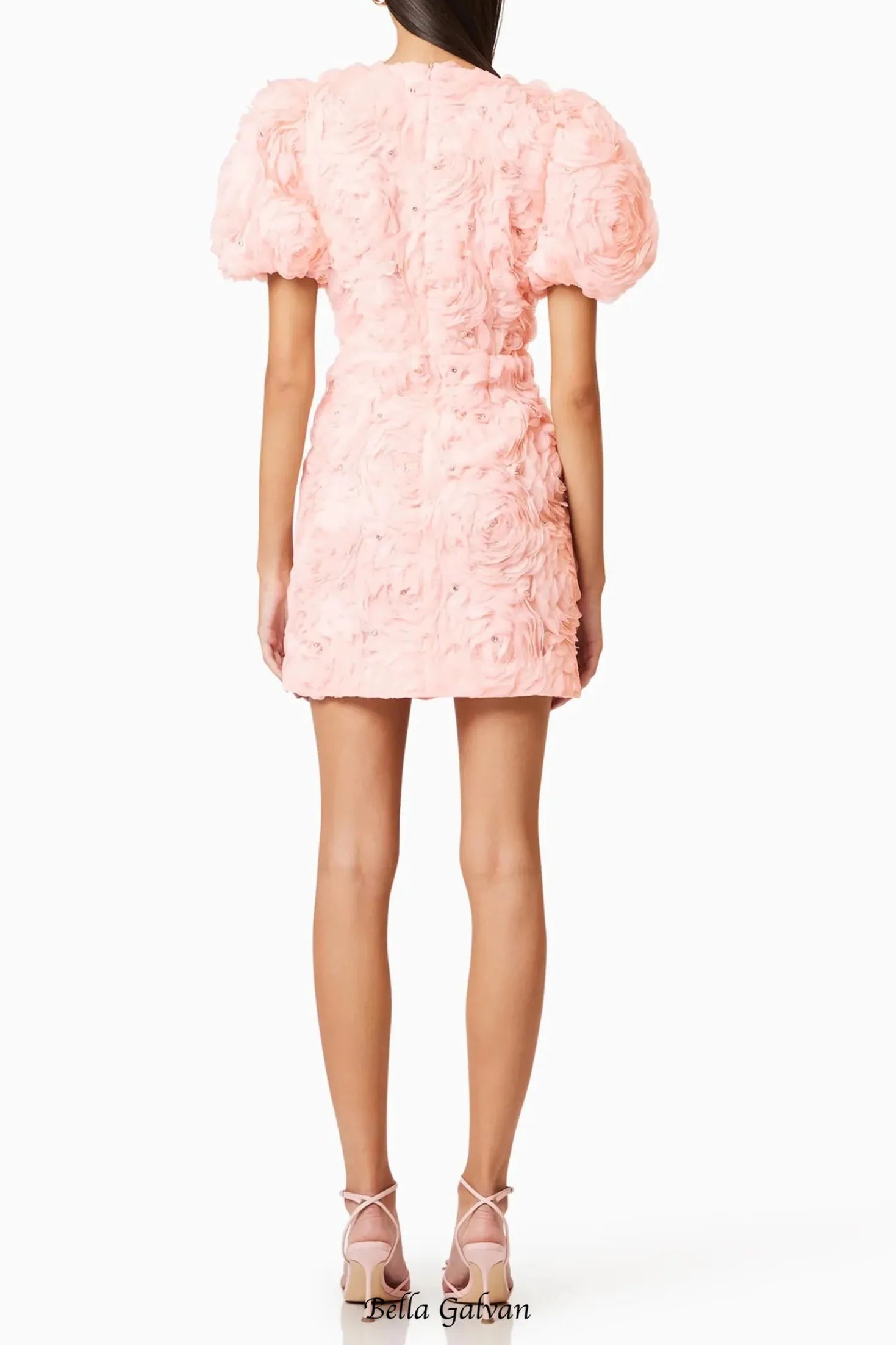 v-neck flower embellished puff Mini Dress in Ballet Pink