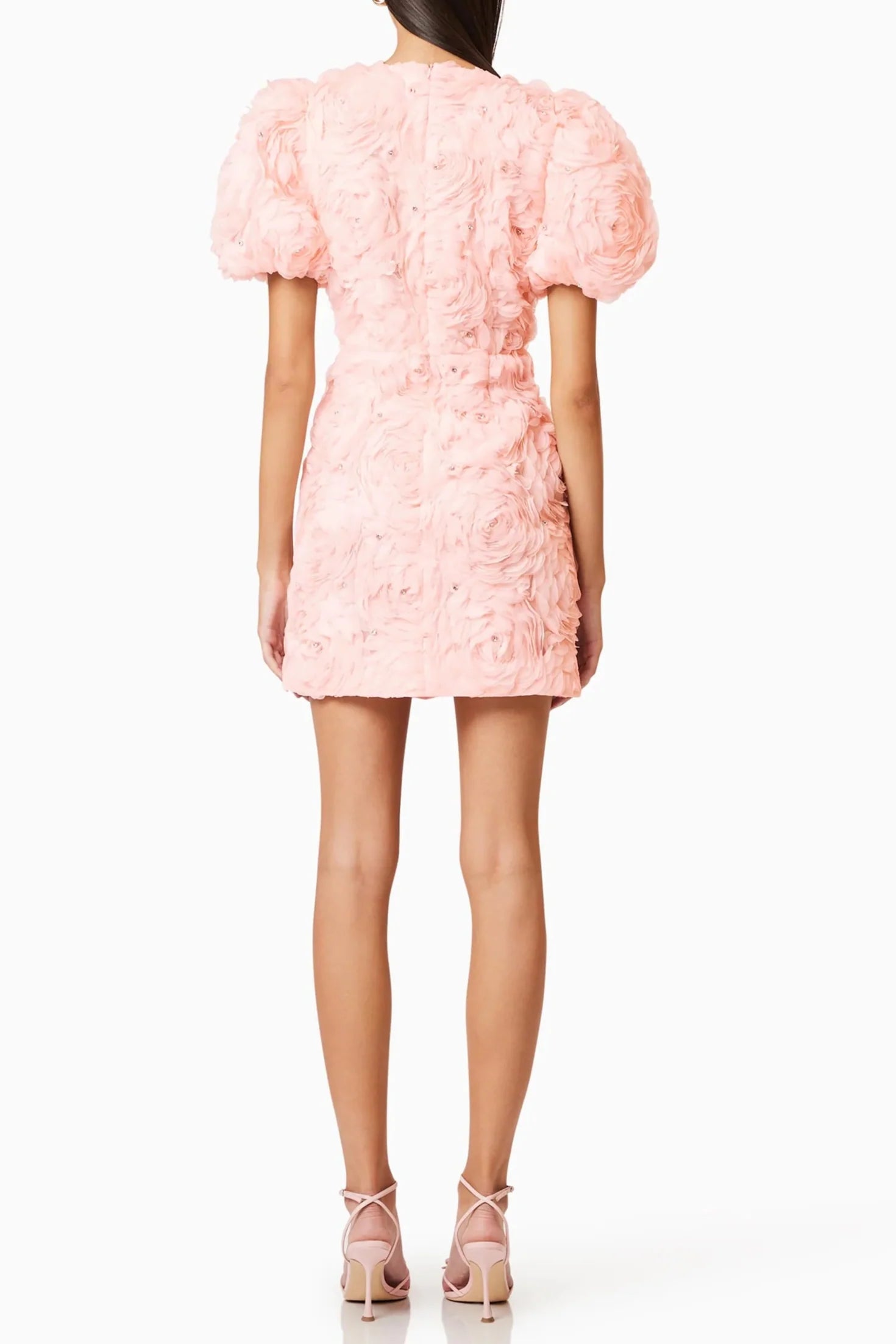 Flowering Girl Women v-Neck Flower Embellished Puff Mini Dress In Ballet Pink