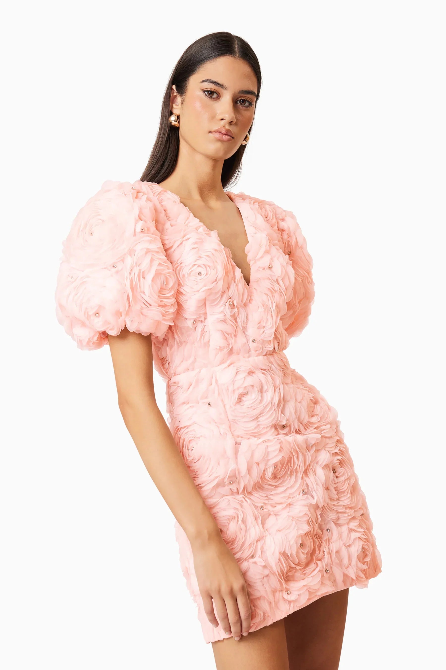 Flowering Girl Women v-Neck Flower Embellished Puff Mini Dress In Ballet Pink