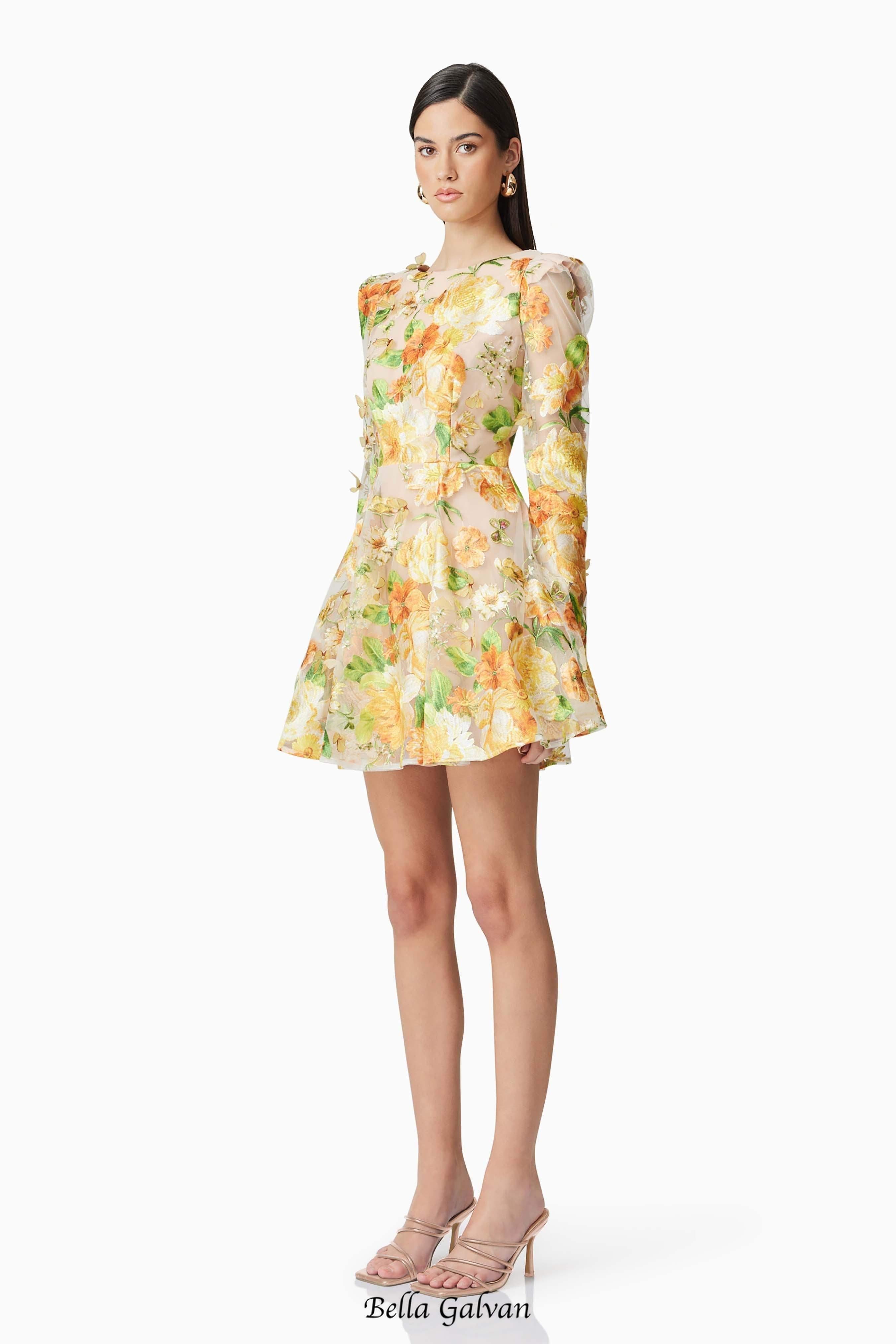 Aella A-Line floral embroidery Mini Dress in Yellow