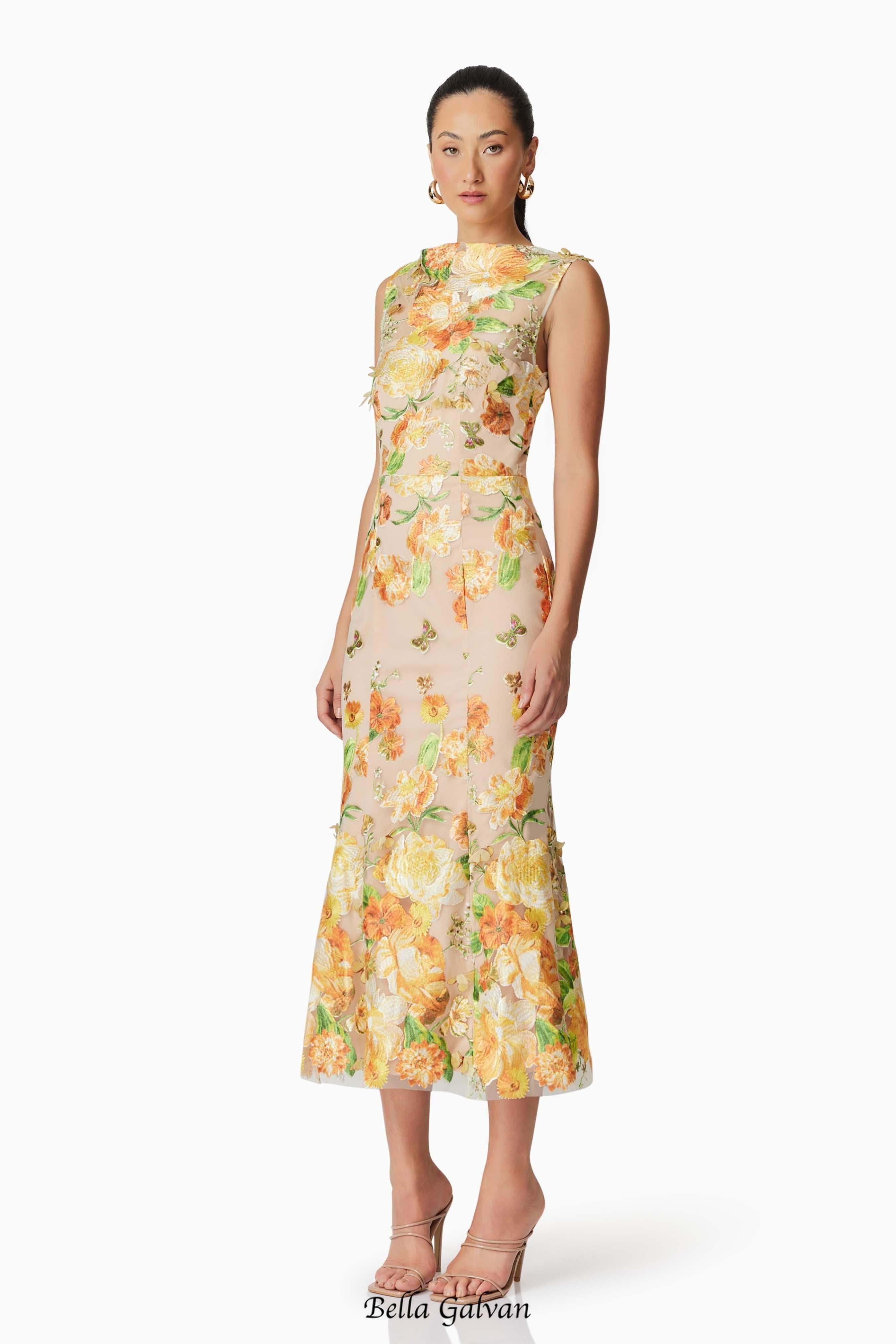 elsie 3d floral embroidered midi dress in yellow