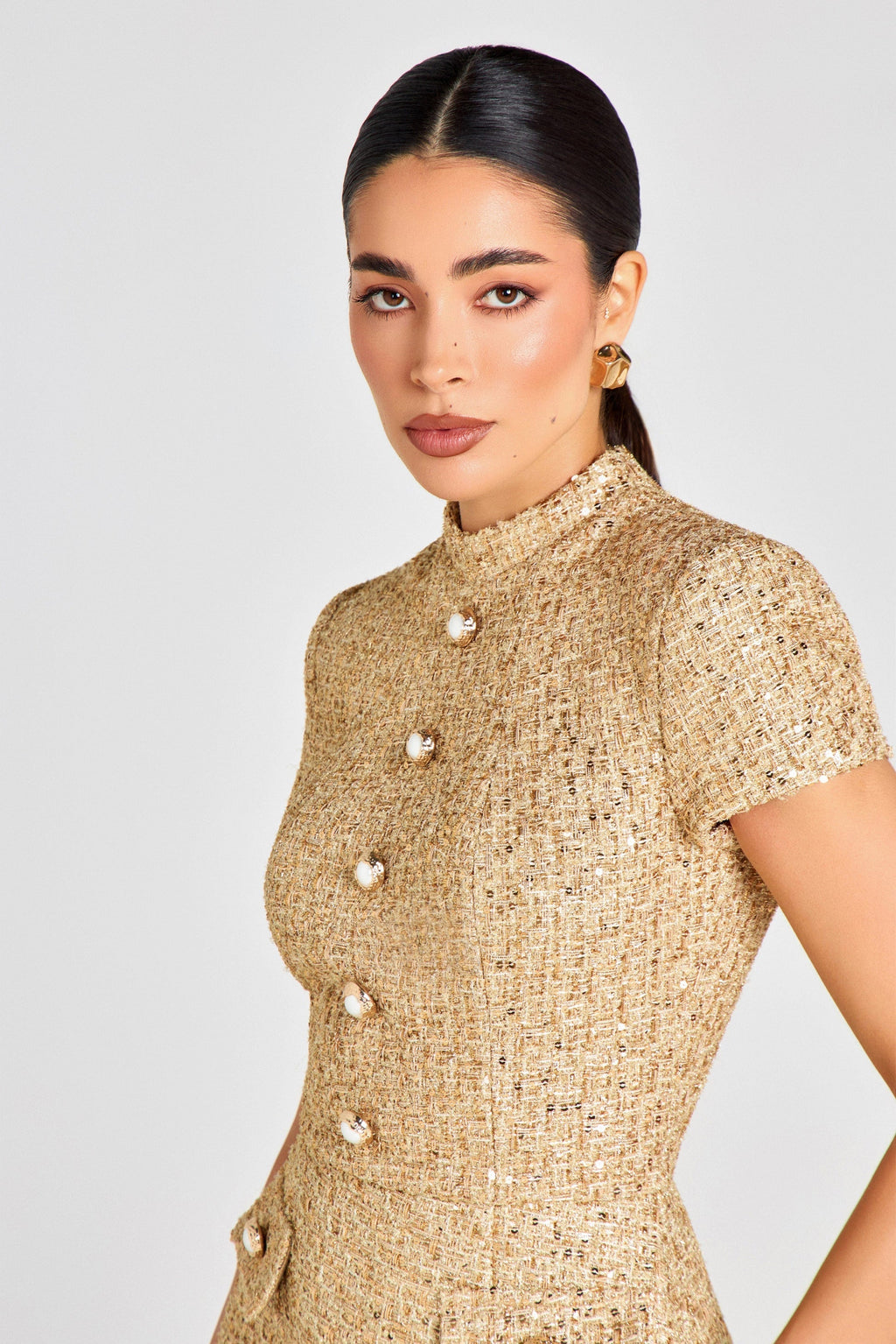 Tiffany Pearl-Embellished Tweed Mini Dress In Gold