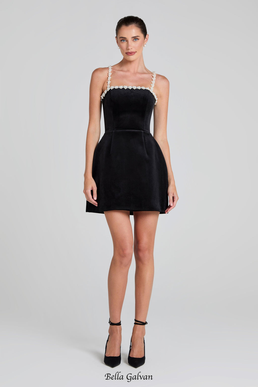 Flowering Girl Women pearl embellished strap mini dress in black
