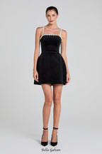Flowering Girl Women pearl embellished strap mini dress in black