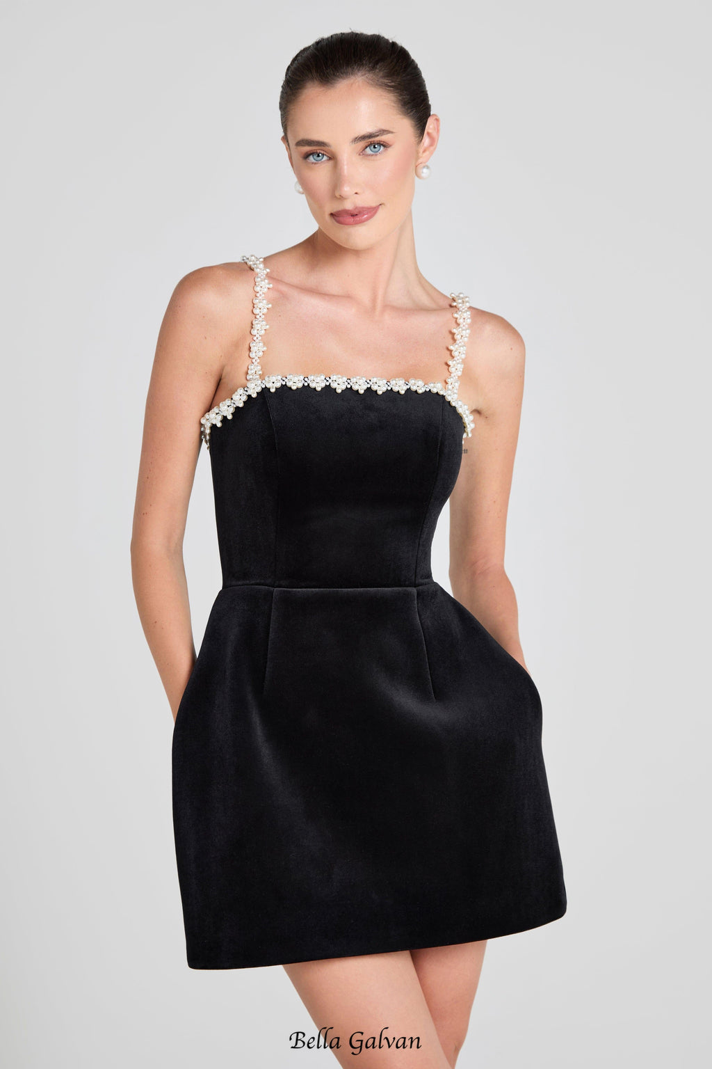 Flowering Girl Women pearl embellished strap mini dress in black