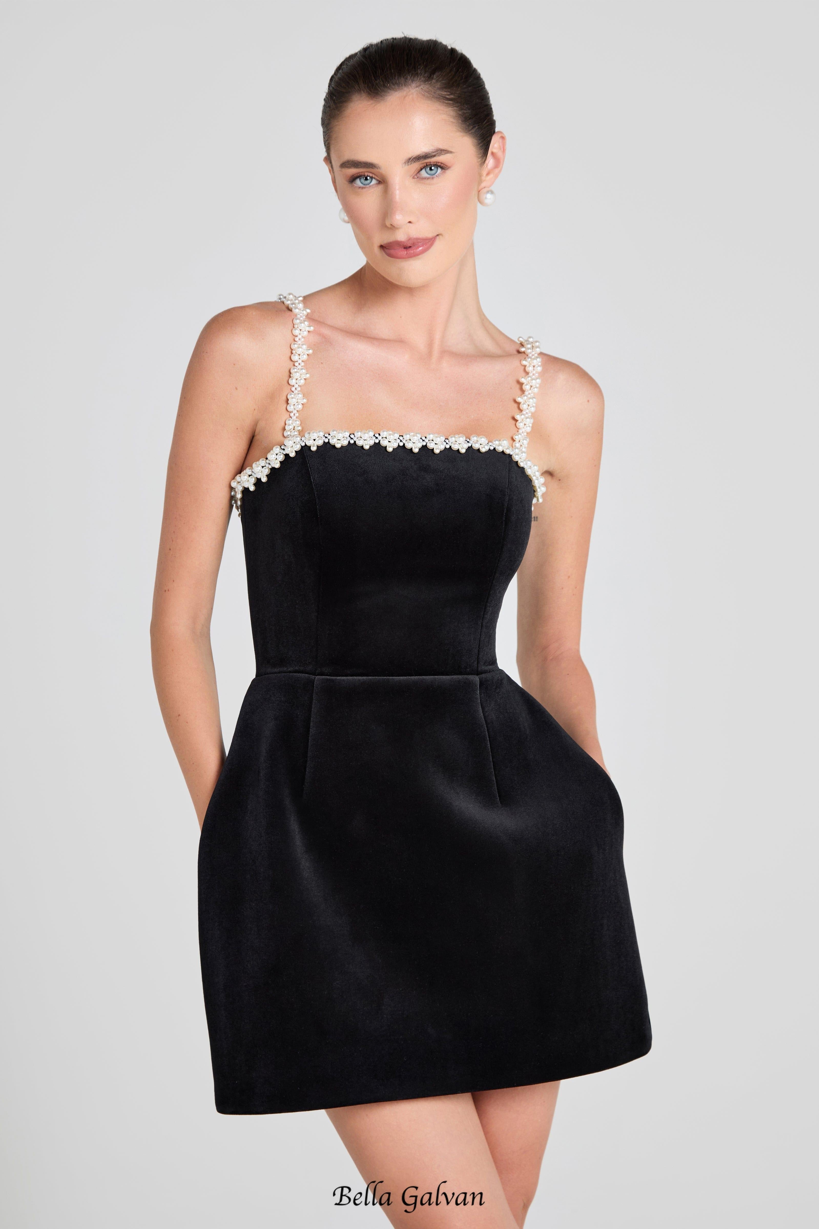 pearl embellished strap mini dress in black