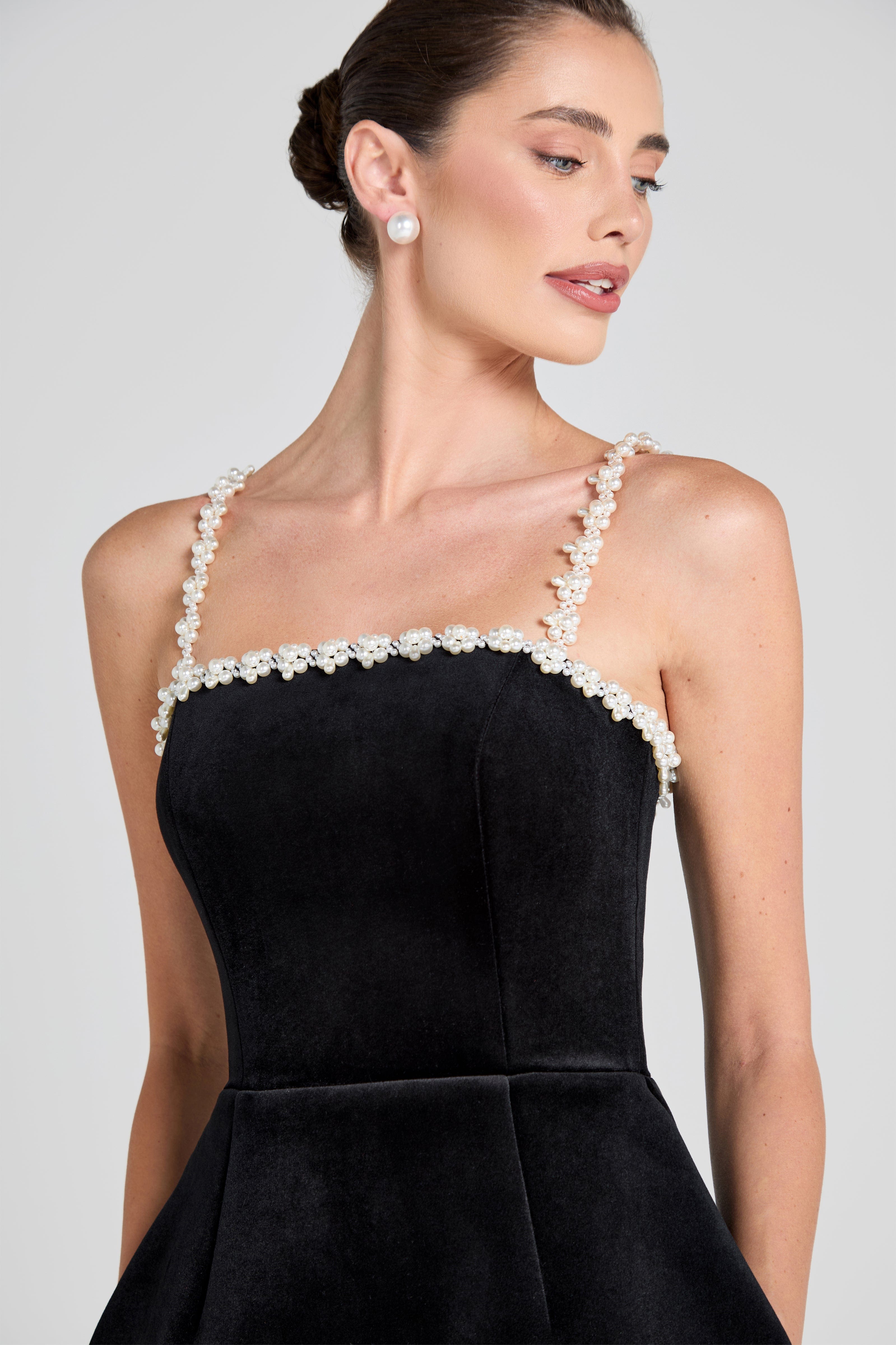 Flowering Girl Women pearl embellished strap mini dress in black