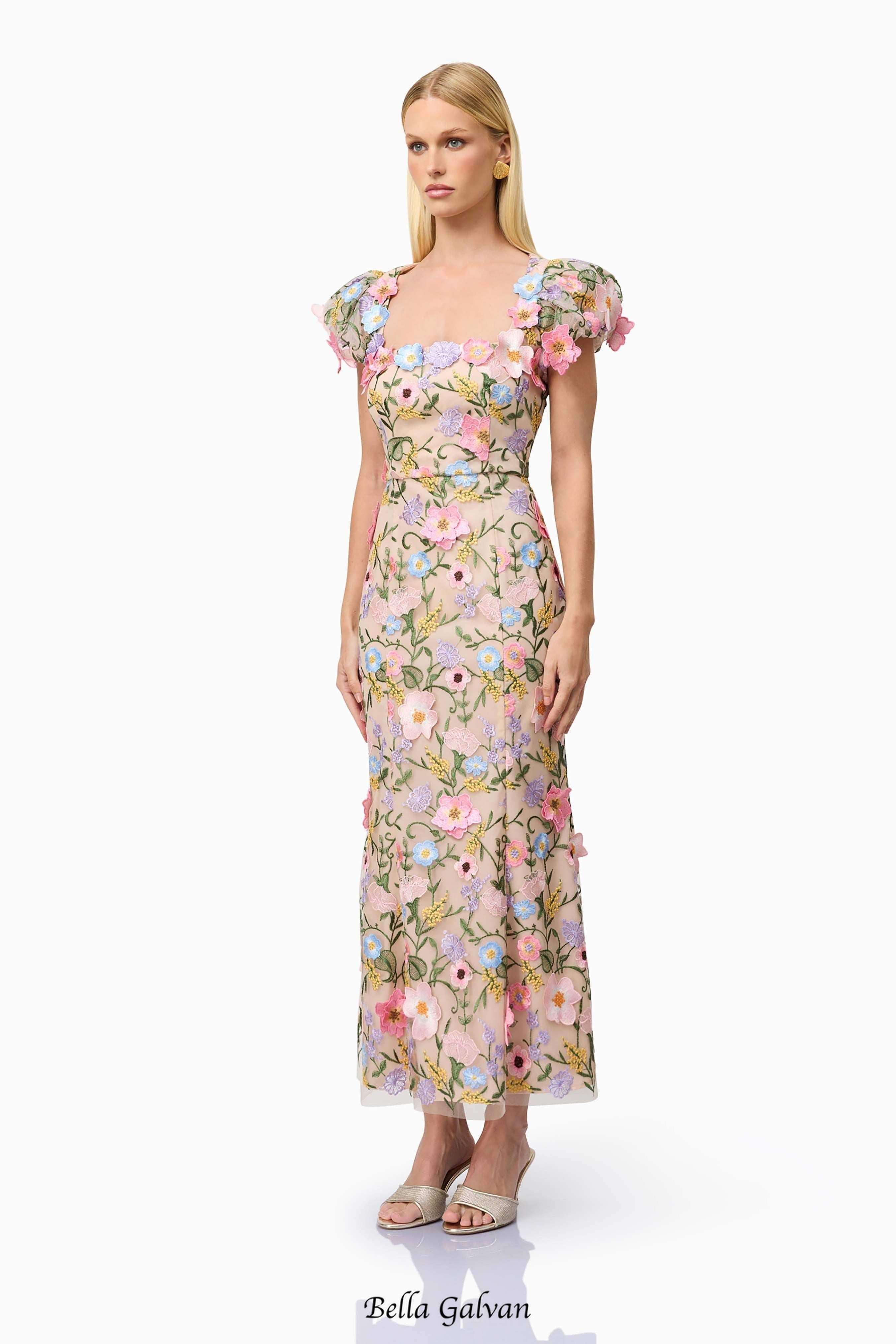 Nydia multicolor Square collar with 3D flower embroidery maxi dress