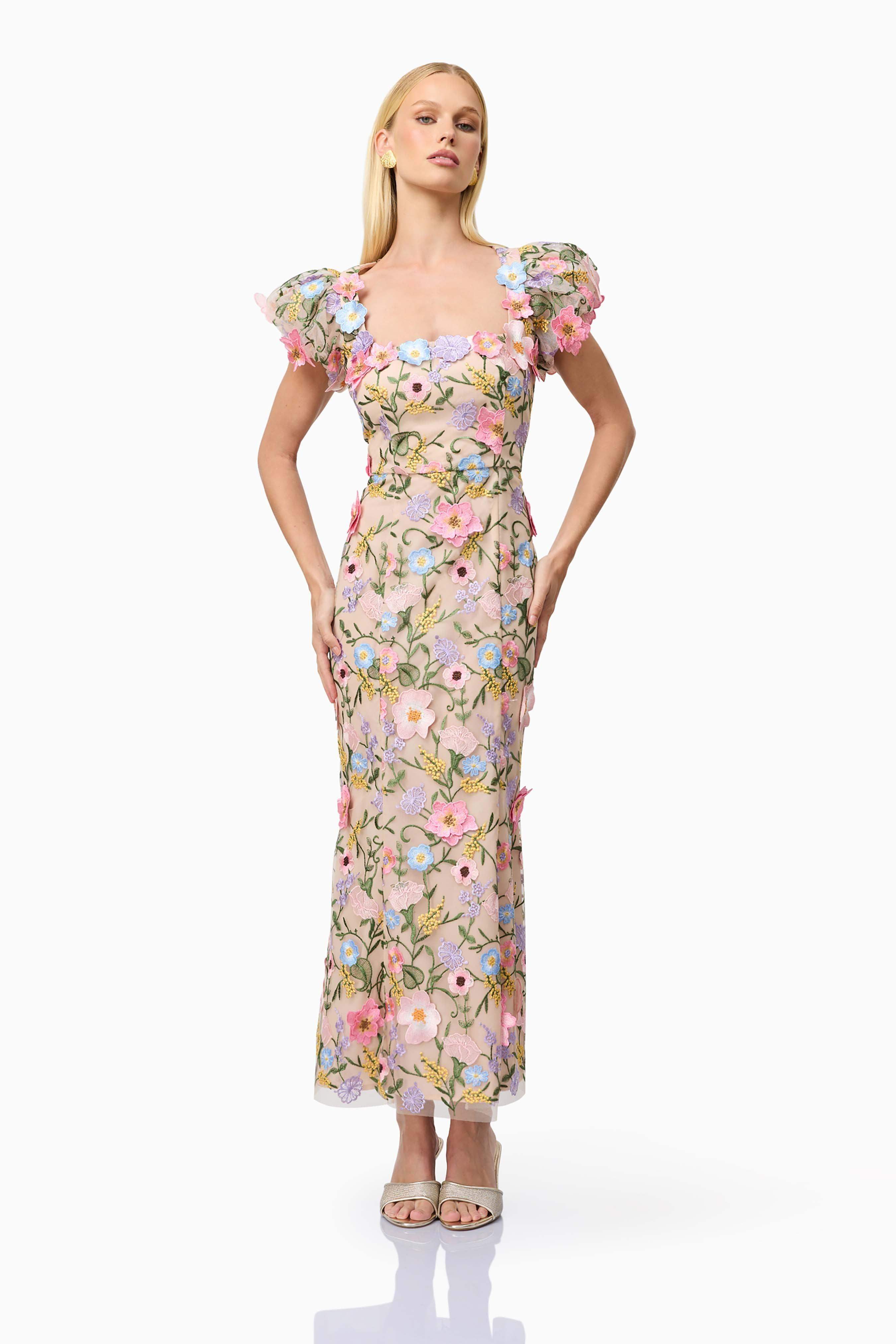 Nydia multicolor Square collar with 3D flower embroidery maxi dress