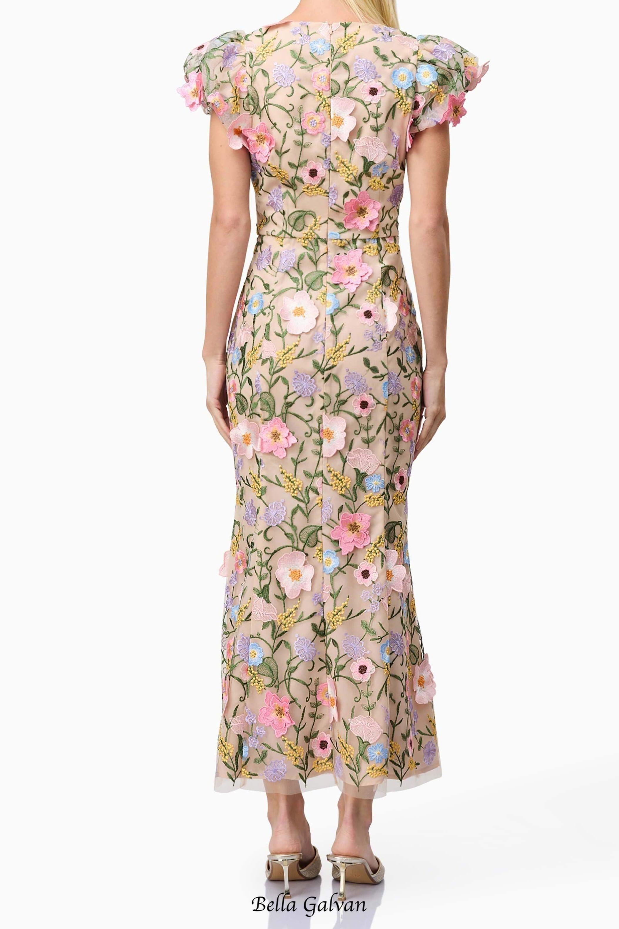 Nydia multicolor Square collar with 3D flower embroidery maxi dress