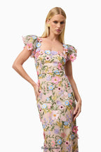 Nydia multicolor Square collar with 3D flower embroidery maxi dress