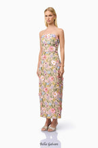 Helena Strapless Midi Dress In Floral apricot