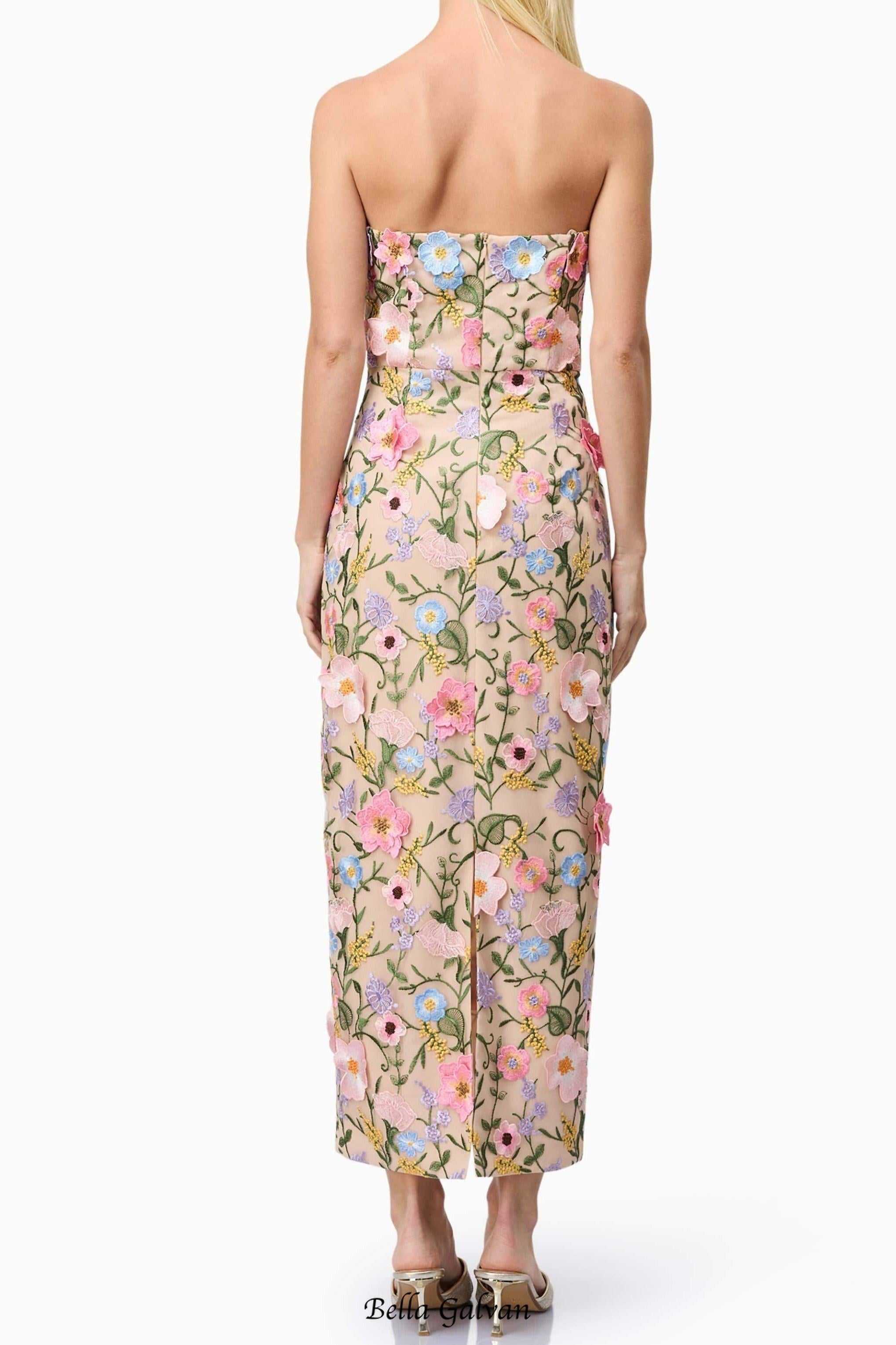 Helena Strapless Midi Dress In Floral apricot