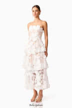 Selene 3D flower Tiered Maxi Dress In White